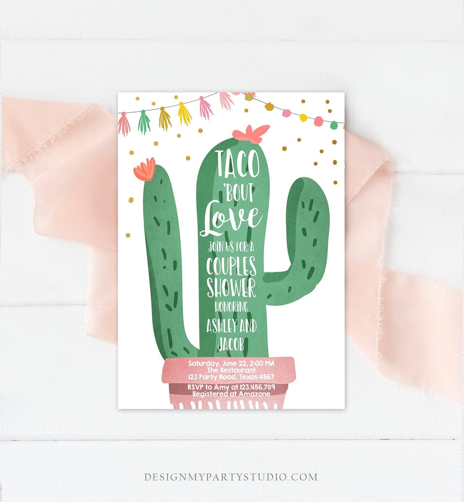 Editable Taco Bout Love Fiesta Couples Shower Invitation Cactus Succulent Green Pink Download Printable Invitation Template Corjl 0255