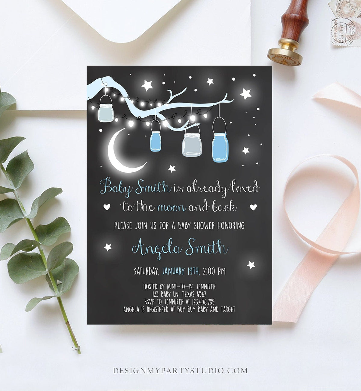 Editable Love You to the Moon and Back Baby Shower Invitation Boy Blue Stars Moon Jars Rustic Baby Instant Download Corjl Template 0306