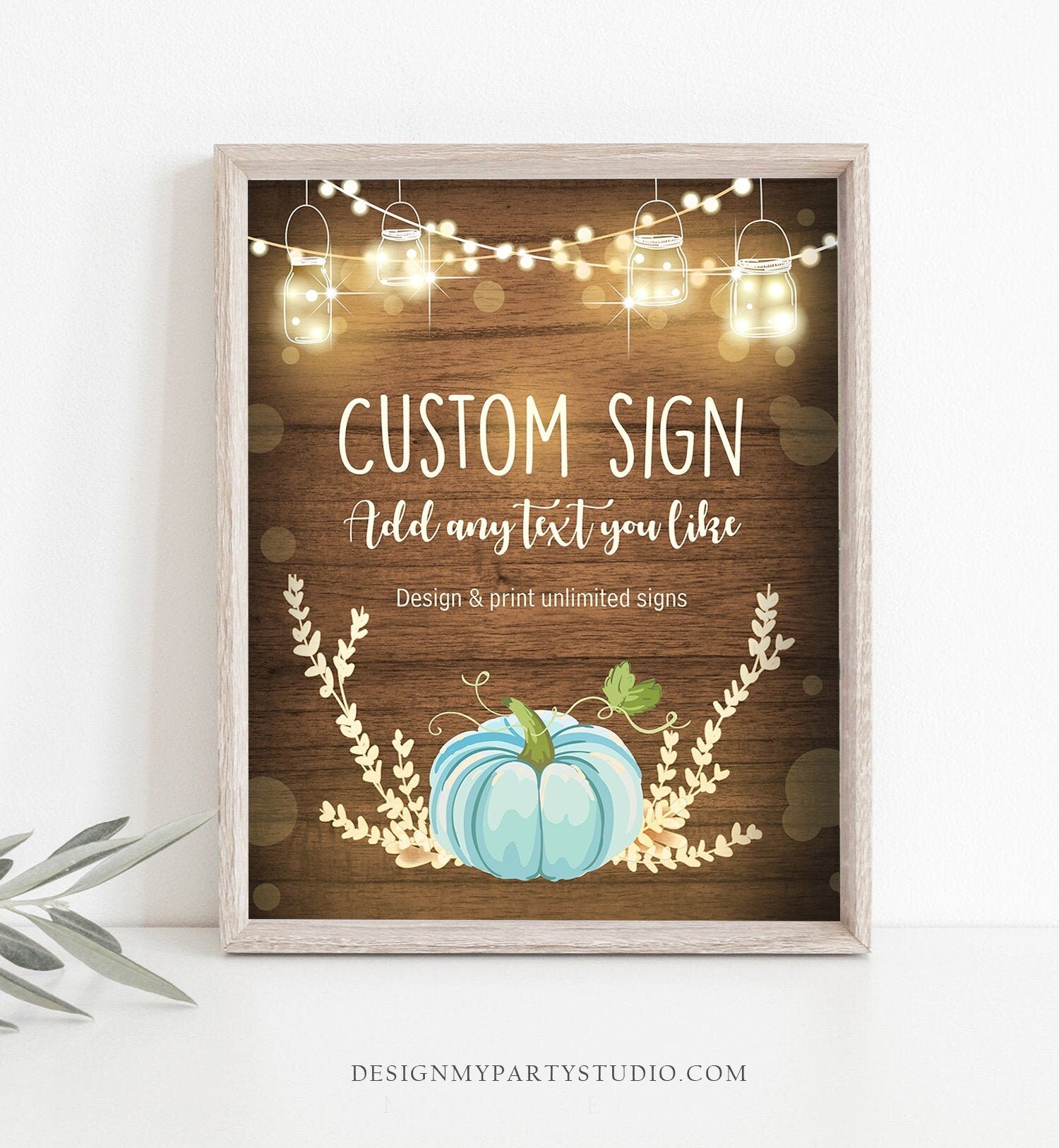 Editable Pumpkin Custom Sign Blue Pumpkin Table Sign Autumn Fall Decor Halloween Thanksgiving Party 8x10 Corjl Template Printable 0015