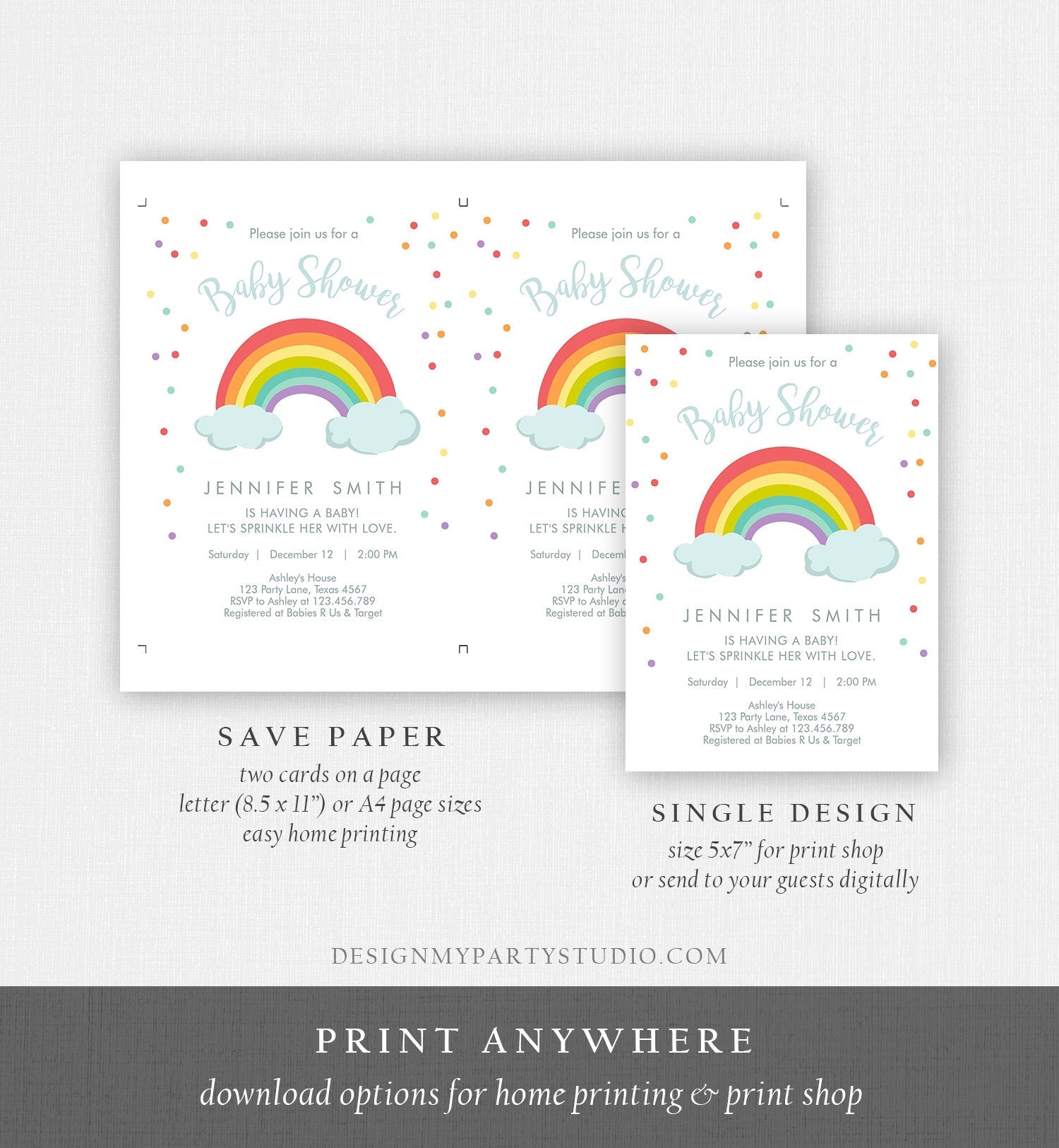 Editable Rainbow Baby Shower Invitation Rainbow Baby After a Loss Cloud Gender Neutral Download Printable Template Corjl Digital 0233