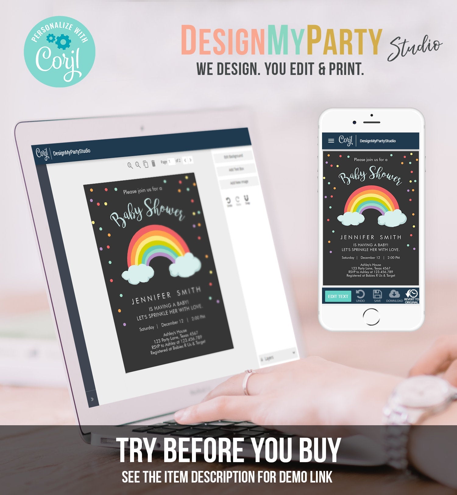 Editable Rainbow Baby Shower Invitation Rainbow Baby After a Loss Cloud Gender Neutral Download Printable Template Corjl Digital 0233