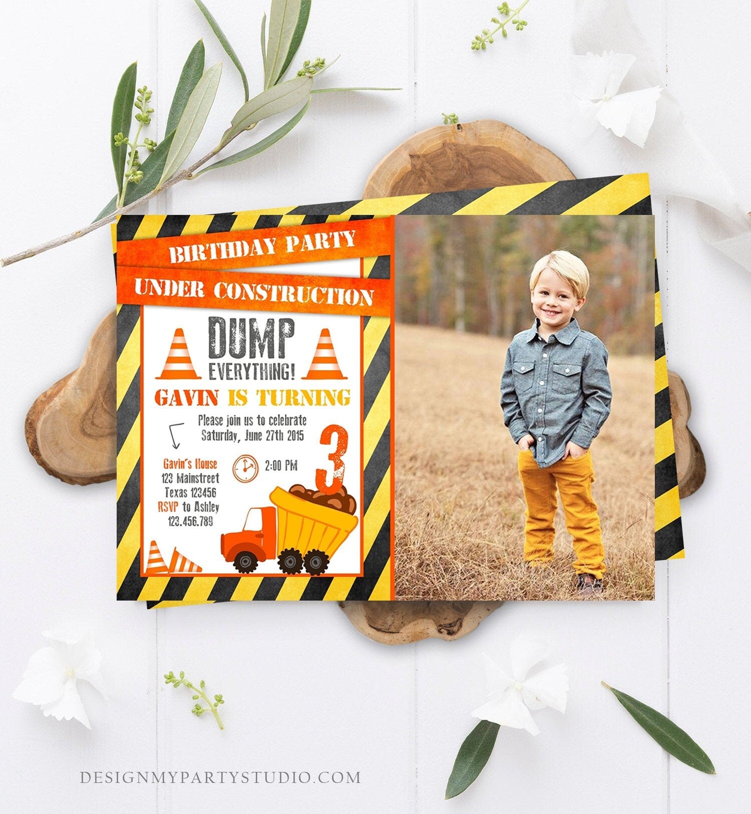 Editable Construction Birthday Invitation Dump Truck Invite Caution Boy Traffic Road Work Truck Dirt Printable Template Digital Corjl 0157