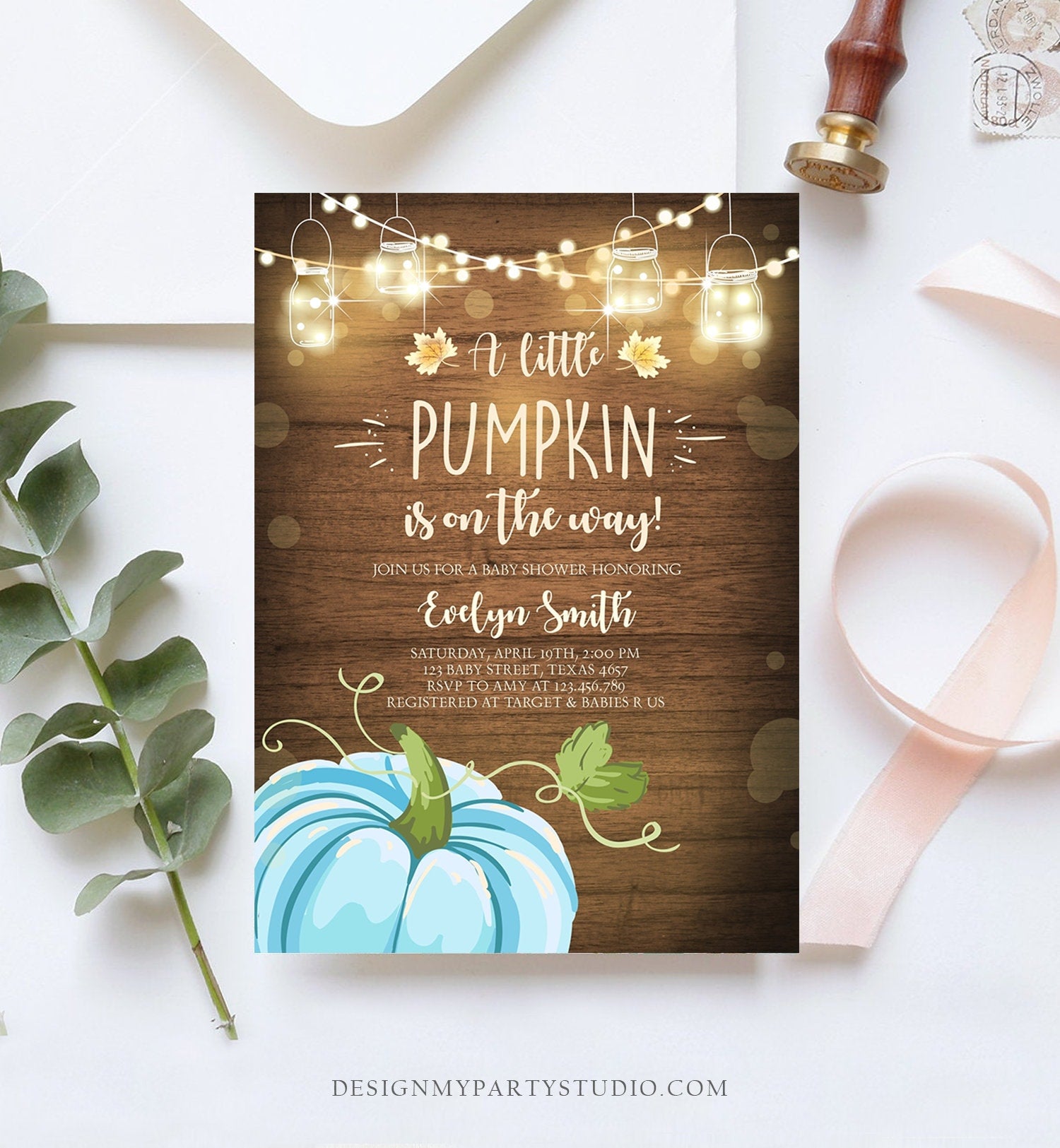 Editable Little Pumpkin Baby Shower Invitation Blue Pumpkin Patch Autumn Fall Rustic Baby Boy Girl Sprinkle Corjl Template Printable 0015