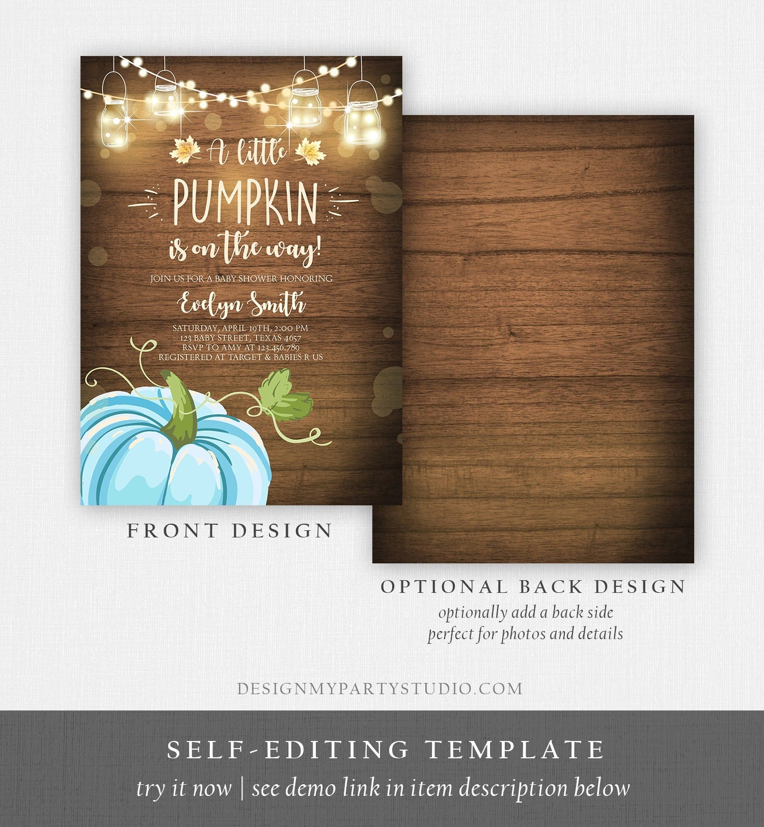 Editable Little Pumpkin Baby Shower Invitation Blue Pumpkin Patch Autumn Fall Rustic Baby Boy Girl Sprinkle Corjl Template Printable 0015