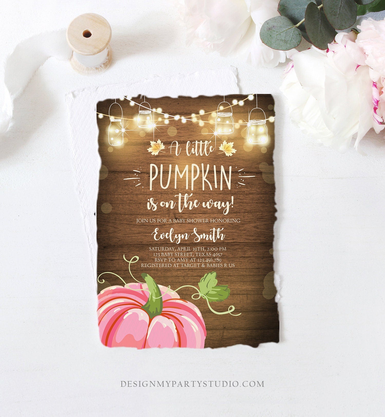 Editable Little Pumpkin Baby Shower Invitation Pink Pumpkin Patch Autumn Fall Rustic Baby Boy Girl Sprinkle Corjl Template Printable 0015