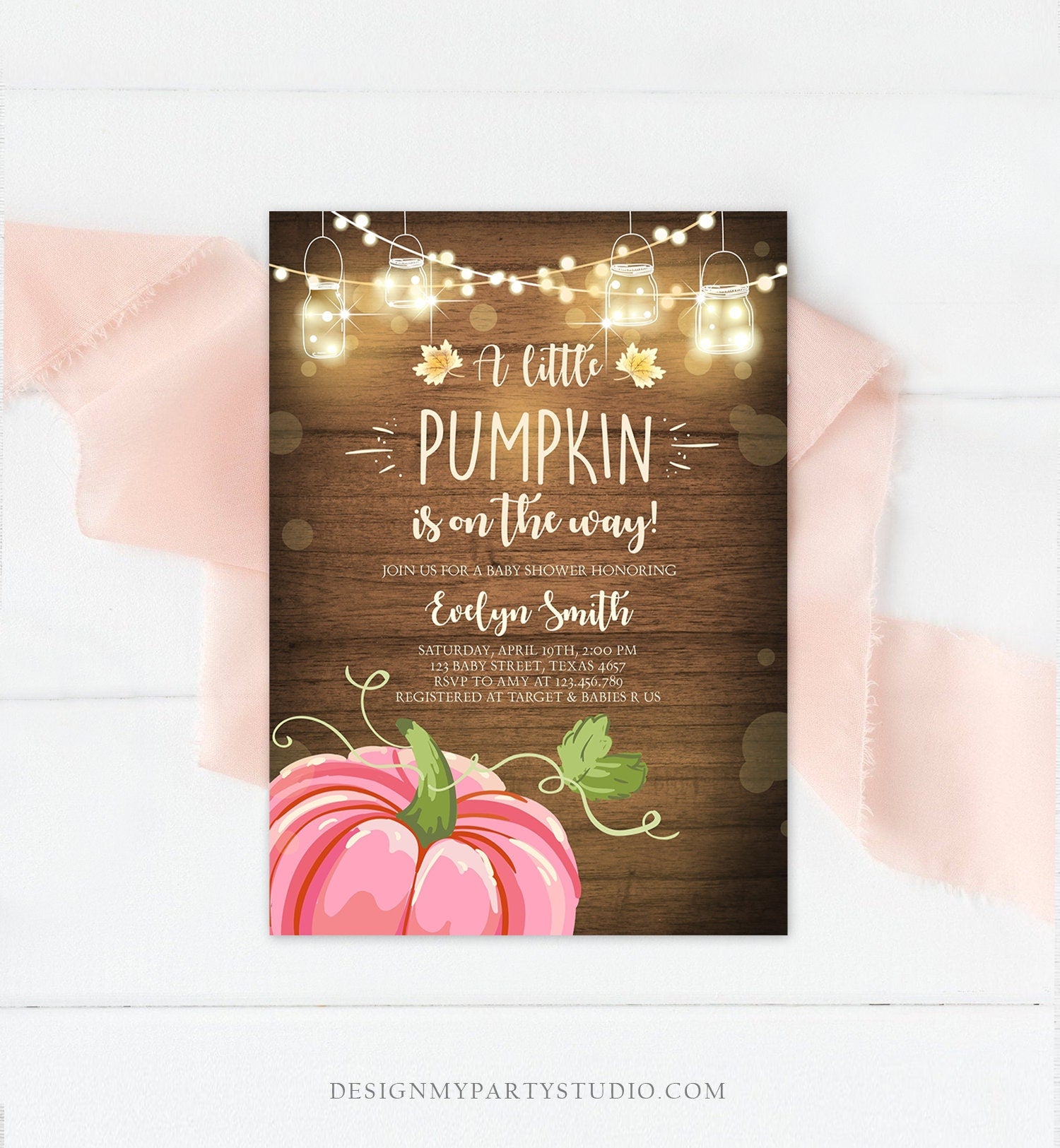 Editable Little Pumpkin Baby Shower Invitation Pink Pumpkin Patch Autumn Fall Rustic Baby Boy Girl Sprinkle Corjl Template Printable 0015