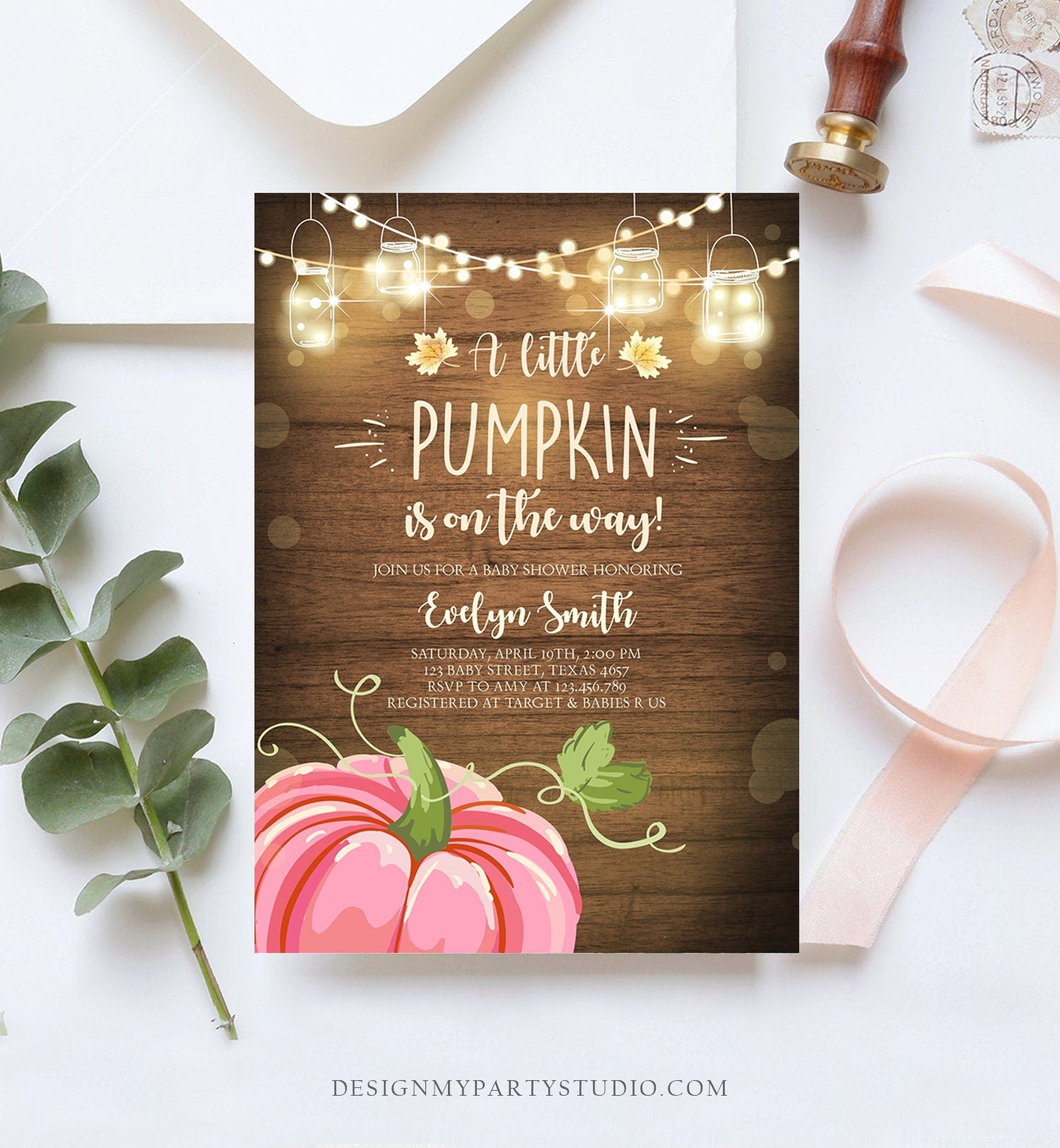 Editable Little Pumpkin Baby Shower Invitation Pink Pumpkin Patch Autumn Fall Rustic Baby Boy Girl Sprinkle Corjl Template Printable 0015