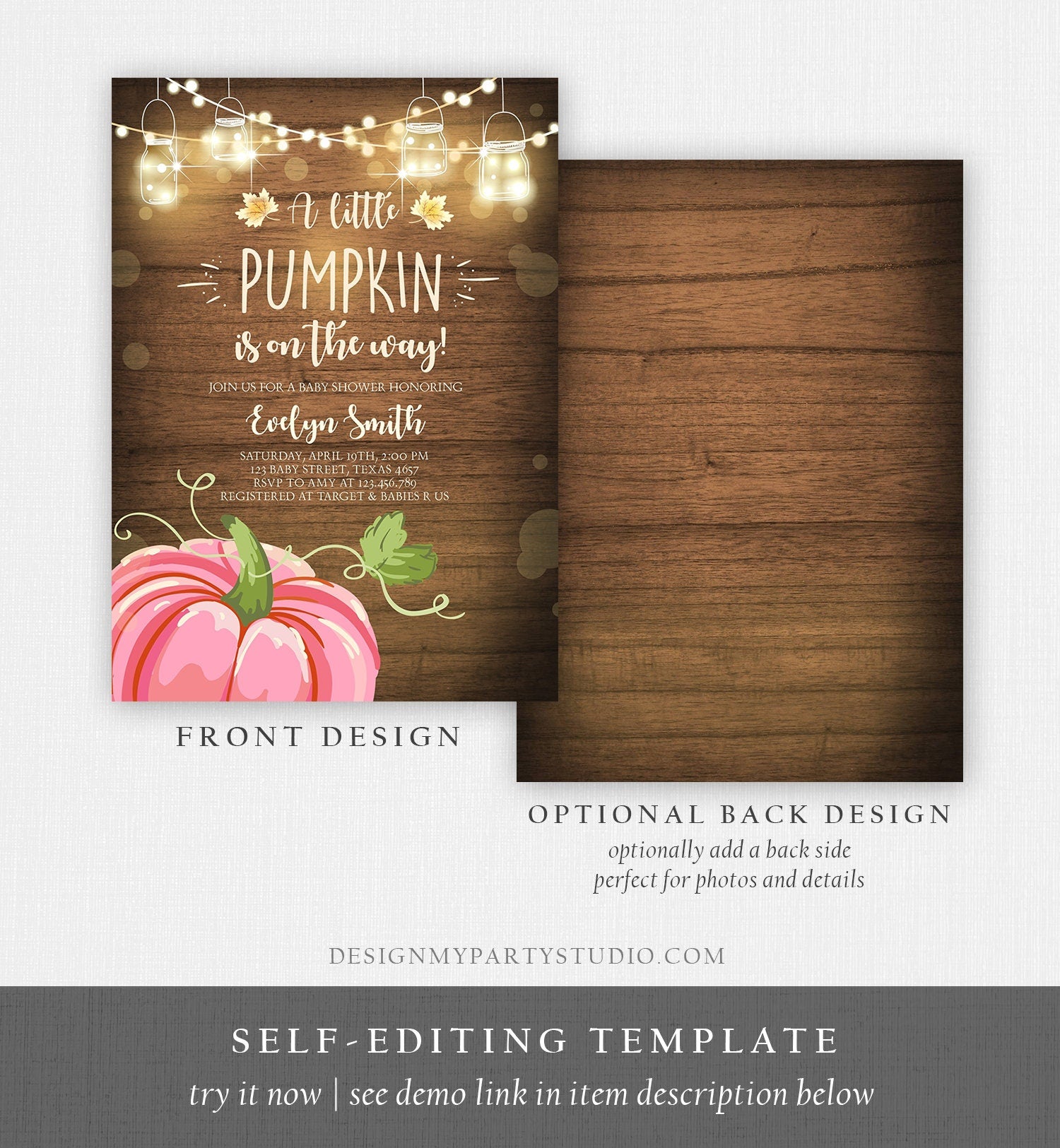 Editable Little Pumpkin Baby Shower Invitation Pink Pumpkin Patch Autumn Fall Rustic Baby Boy Girl Sprinkle Corjl Template Printable 0015