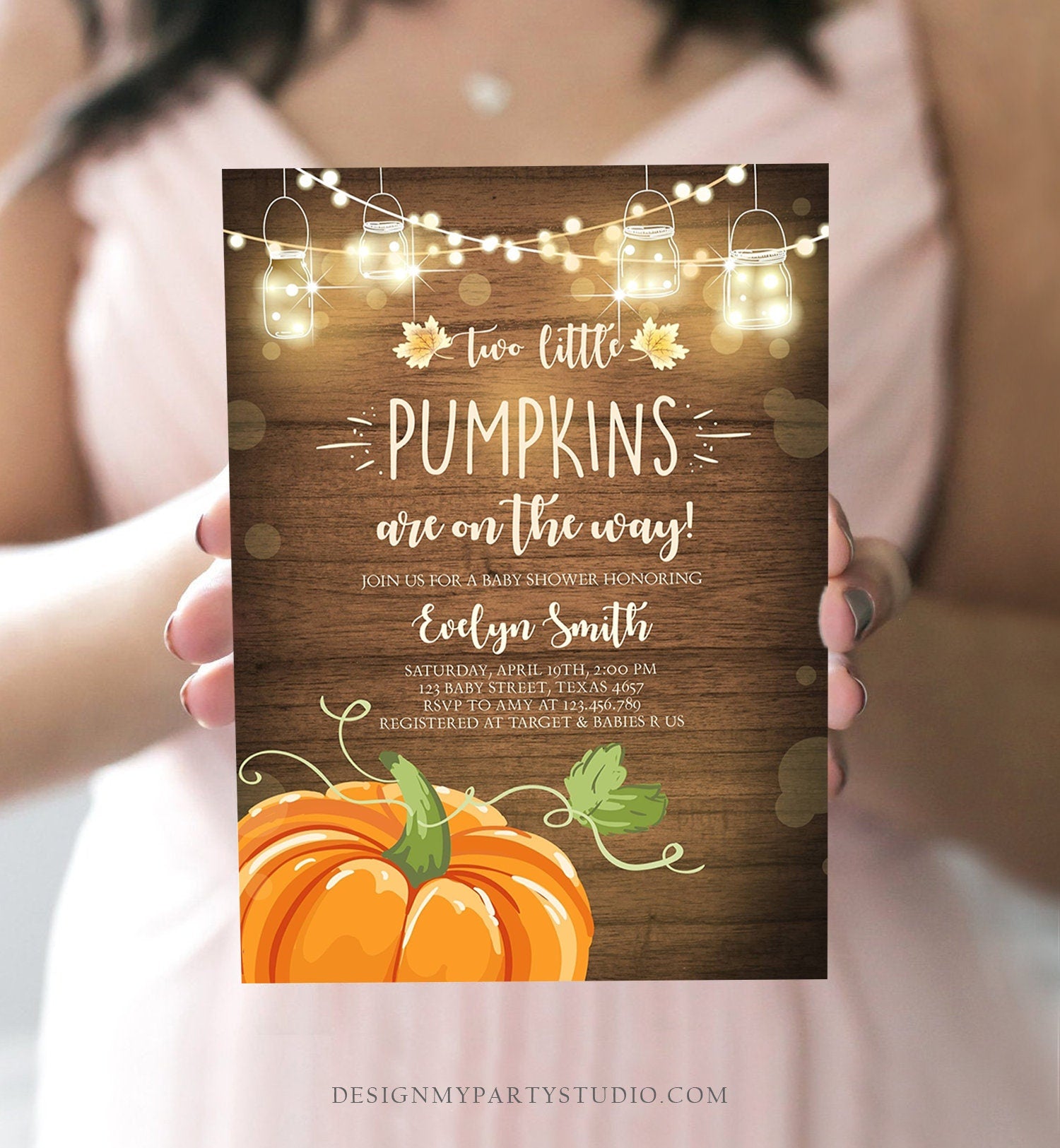 Editable Two Little Pumpkins Baby Shower Invitation Twins Orange Pumpkin Patch Autumn Fall Rustic Sprinkle Corjl Template Printable 0015