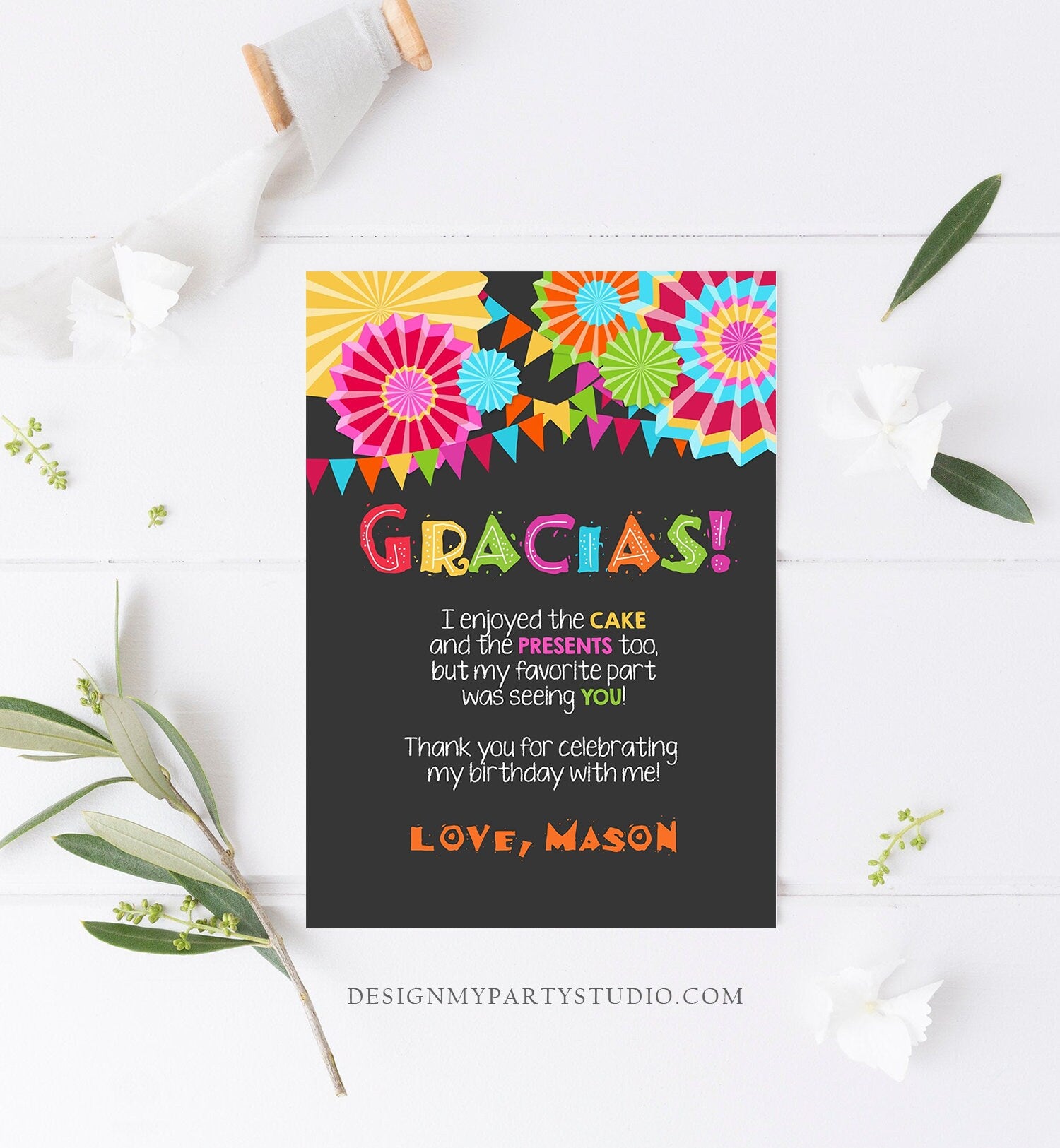 Editable Fiesta Gracias Thank You Card Mexican Birthday Party Baby Shower Graduation Note Digital Download Corjl Template Printable 0045