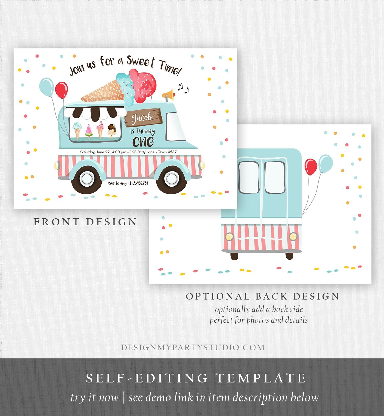 Editable Ice Cream Truck Birthday Invitation Ice Cream Birthday Party Cone Boy Girl Double Birthday Any Age Printable Template Corjl 0243