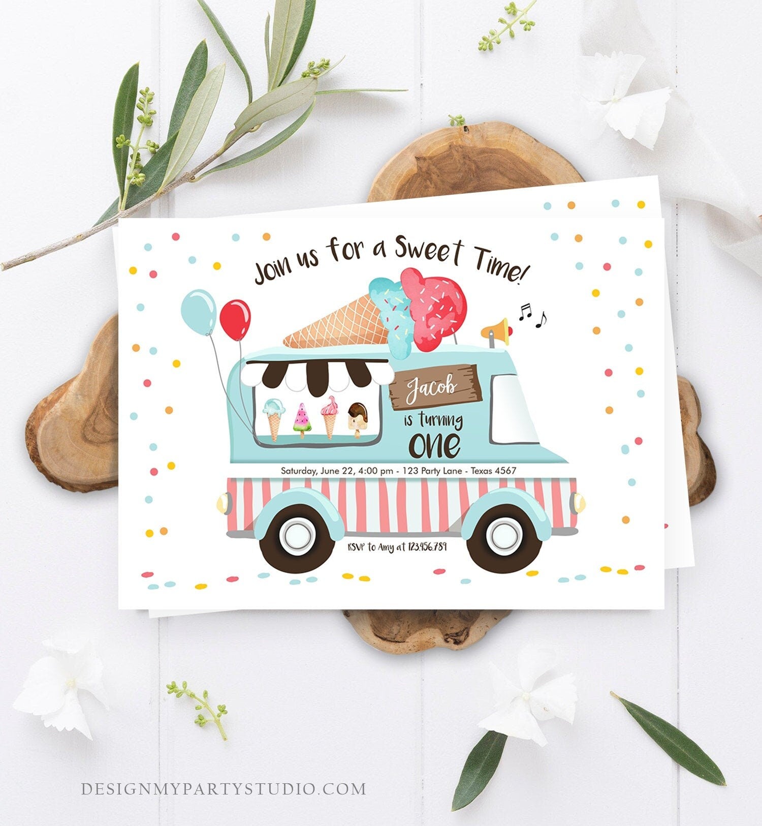 Editable Ice Cream Truck Birthday Invitation Ice Cream Birthday Party Cone Boy Girl Double Birthday Any Age Printable Template Corjl 0243