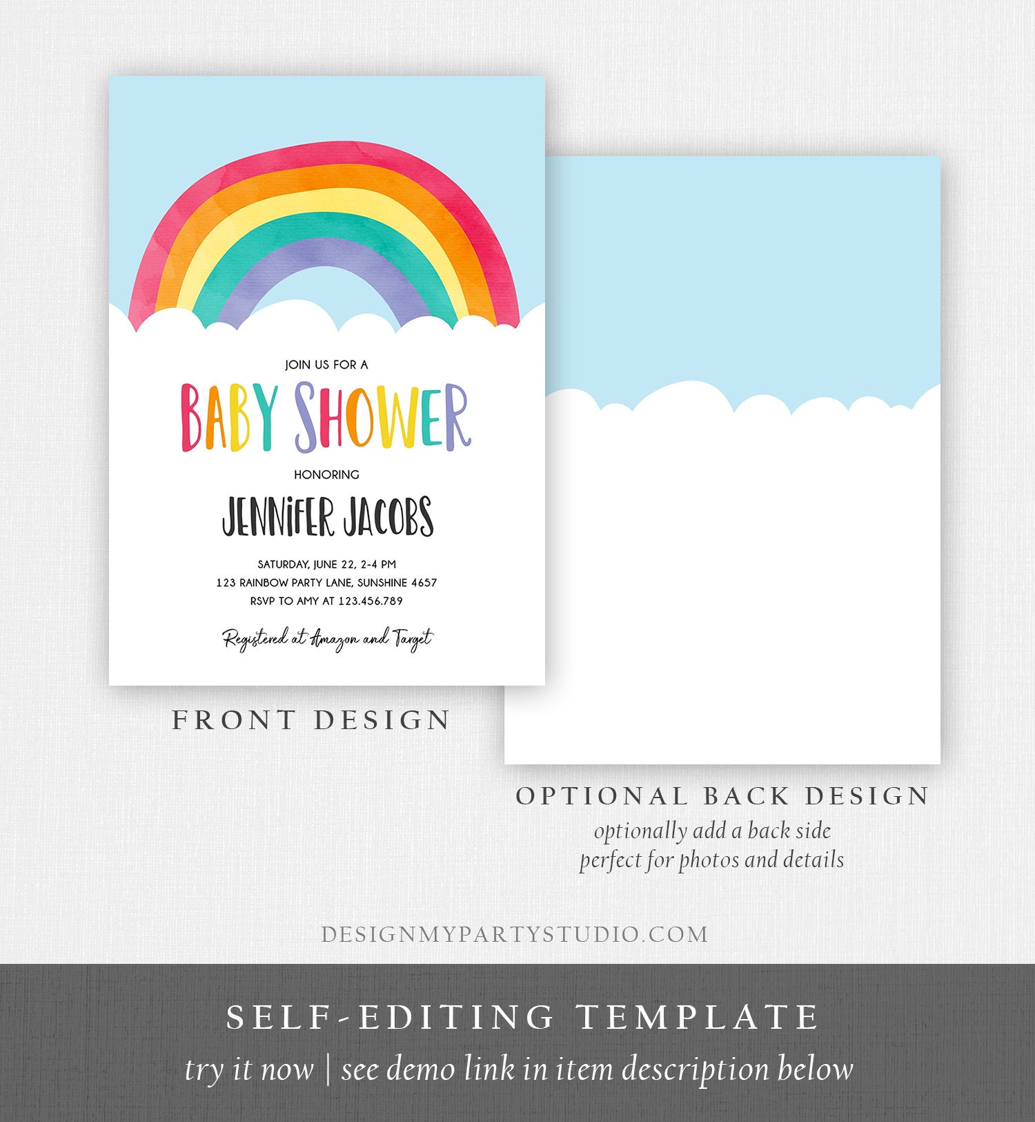 Editable Rainbow Baby Shower Invitation Boy or Girl Neutral Clouds Coed Over the Rainbow Pink or Blue Digital Corjl Template Printable 0272