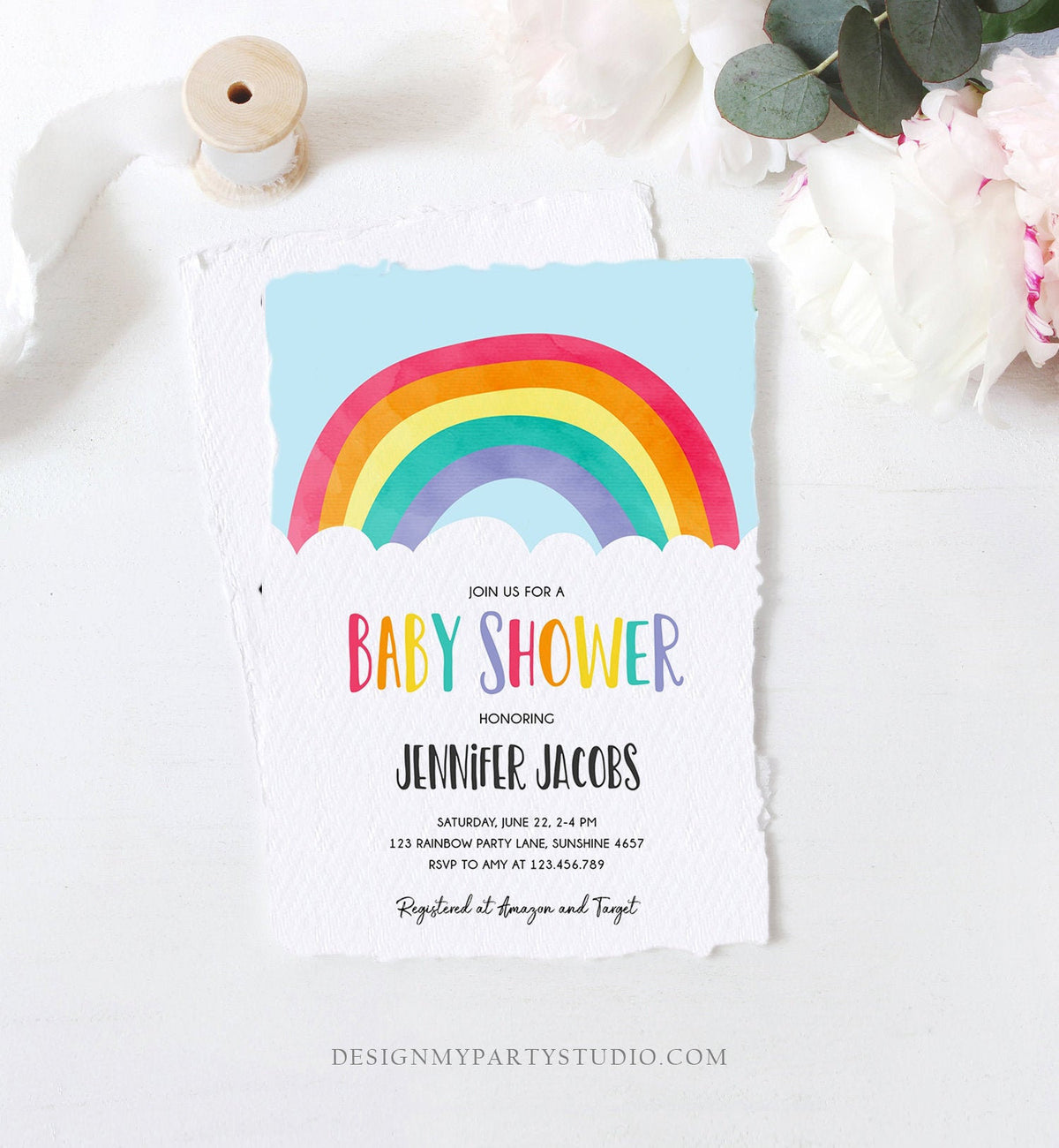 Editable Rainbow Baby Shower Invitation Boy or Girl Neutral Clouds Coed Over the Rainbow Pink or Blue Digital Corjl Template Printable 0272