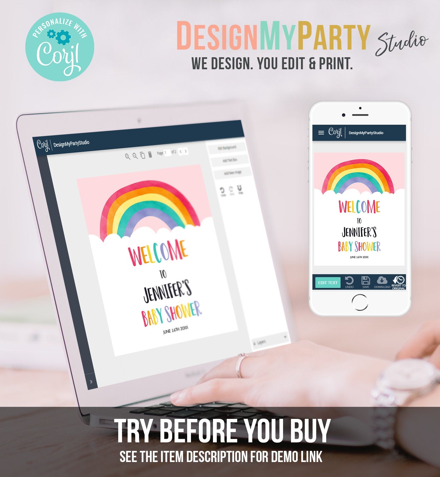 Editable Rainbow Welcome Sign Rainbow Baby Shower Sign Colorful Boy or Girl Clouds Colors Boy Girl Neutral Corjl Template Printable 0272