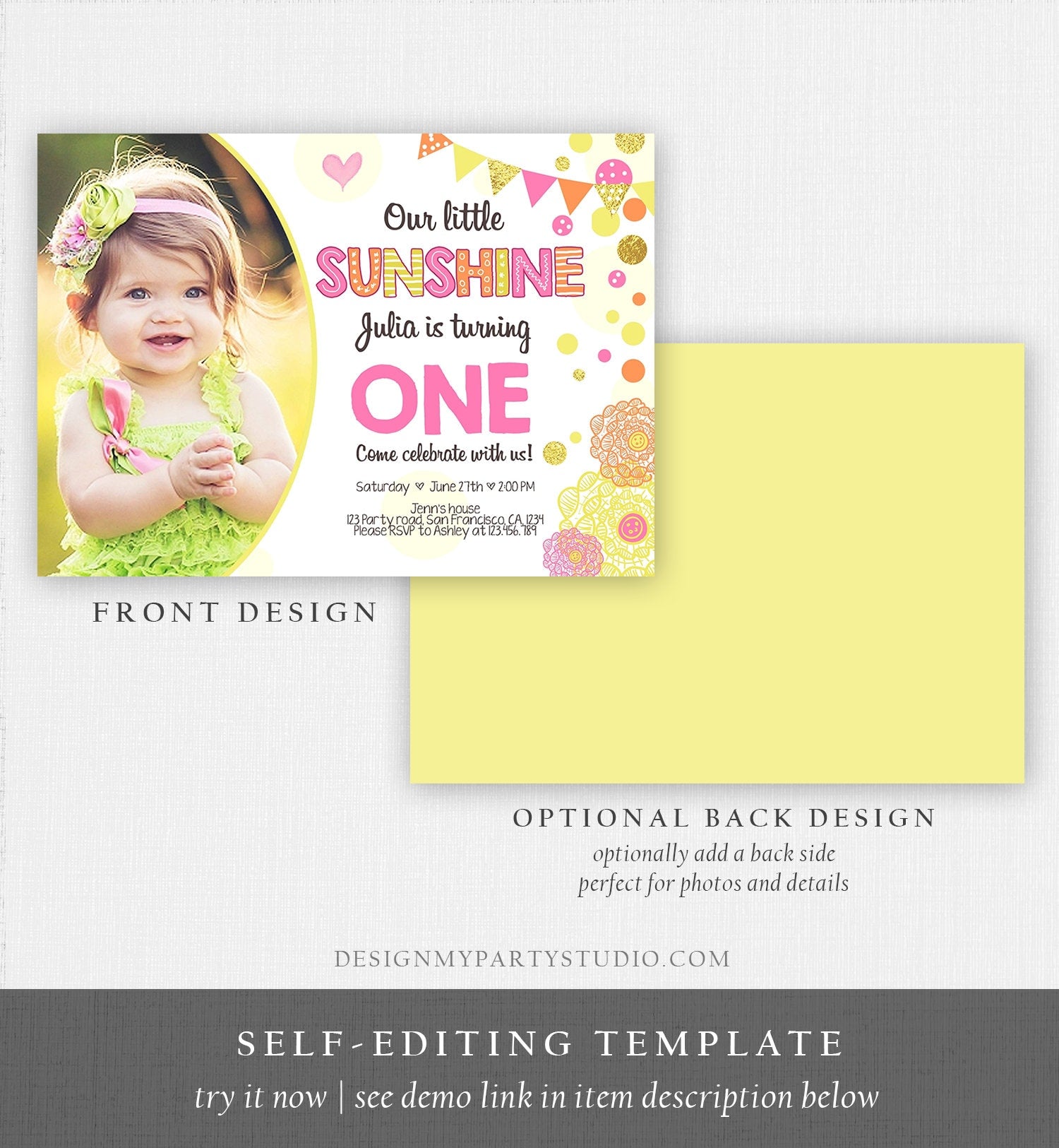 Editable Our Little Sunshine Birthday Invitation You Are My Sunshine First Birthday 1st Party Yellow Pink Girl Download Corjl Template 0239