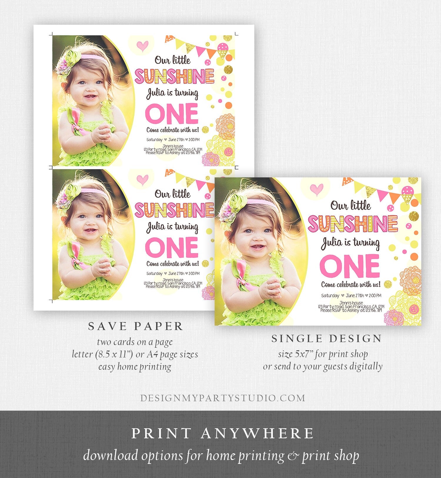 Editable Our Little Sunshine Birthday Invitation You Are My Sunshine First Birthday 1st Party Yellow Pink Girl Download Corjl Template 0239