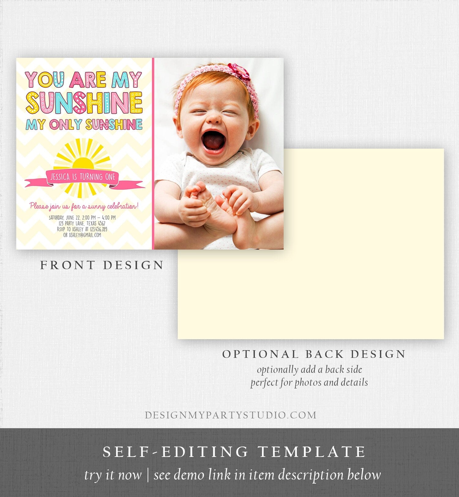 Editable Sunshine Birthday Party Invitation You Are My Sunshine 1st Birthday Invite Lemonade Pink Girl Printable Invite Template Corjl 0097