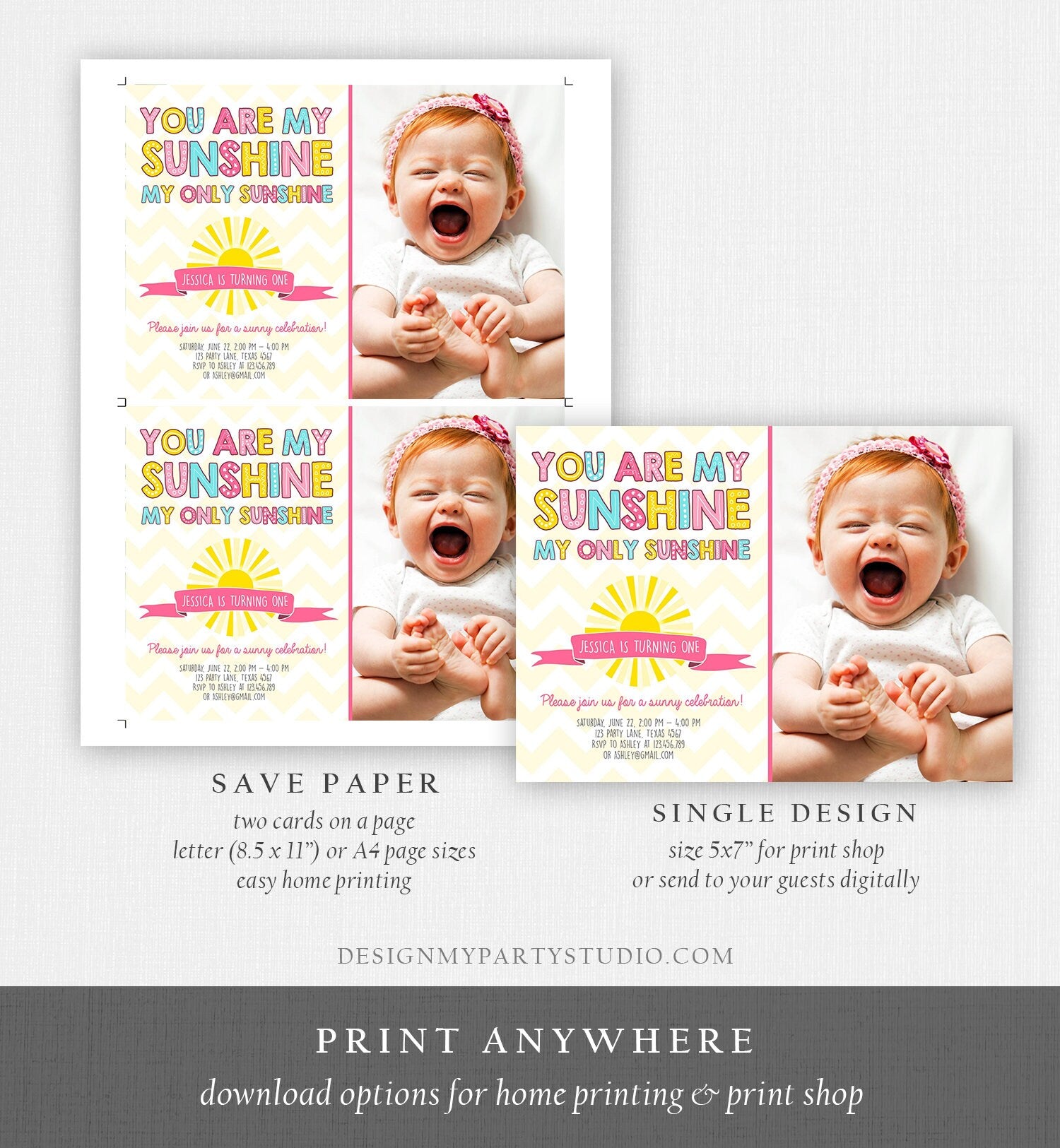 Editable Sunshine Birthday Party Invitation You Are My Sunshine 1st Birthday Invite Lemonade Pink Girl Printable Invite Template Corjl 0097