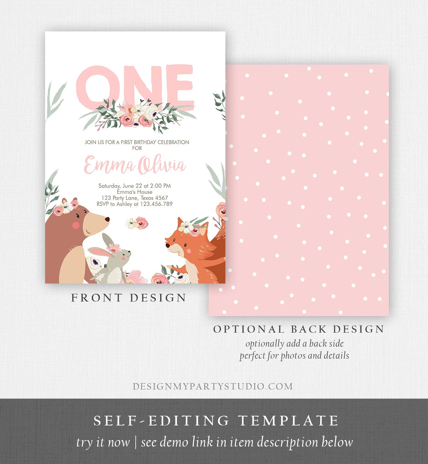 Editable Woodland Birthday Invitation Girl 1st Birthday Tribal Boho Floral Woodland Forest Animals Blush Pink Printable Template Corjl 0222