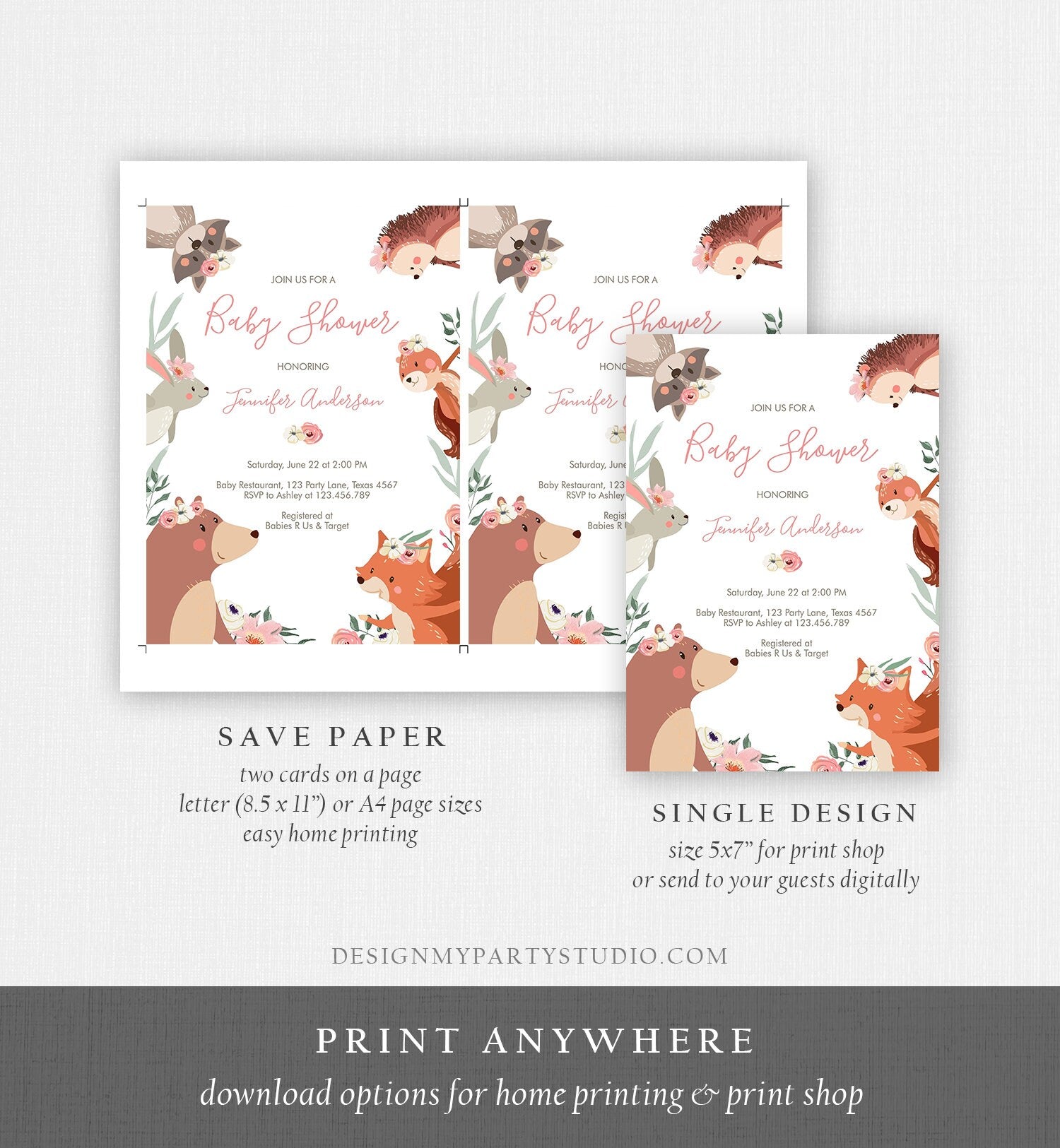 Editable Woodland Baby Shower Invitation Woodland Animals Floral Boho Girl Forest Instant Download Printable Template Digital Corjl 0222