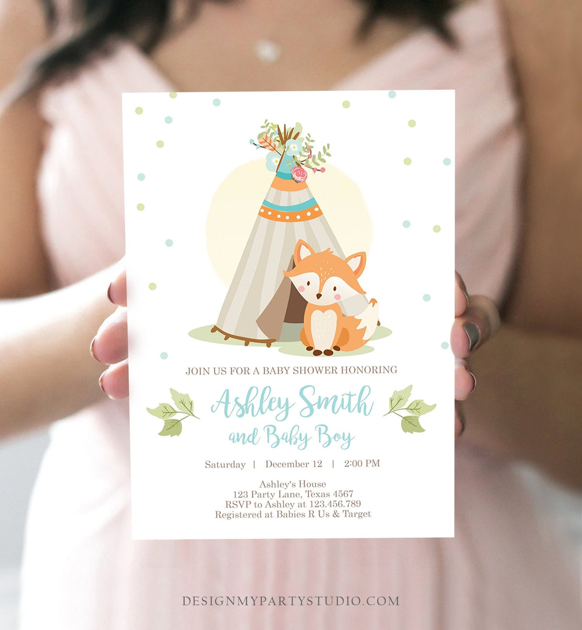 Editable Fox Baby Shower Invitation Woodland Teepee Boho Tribal Boy Baby Shower Blue Simple Download Printable Template Corjl Digital 0052