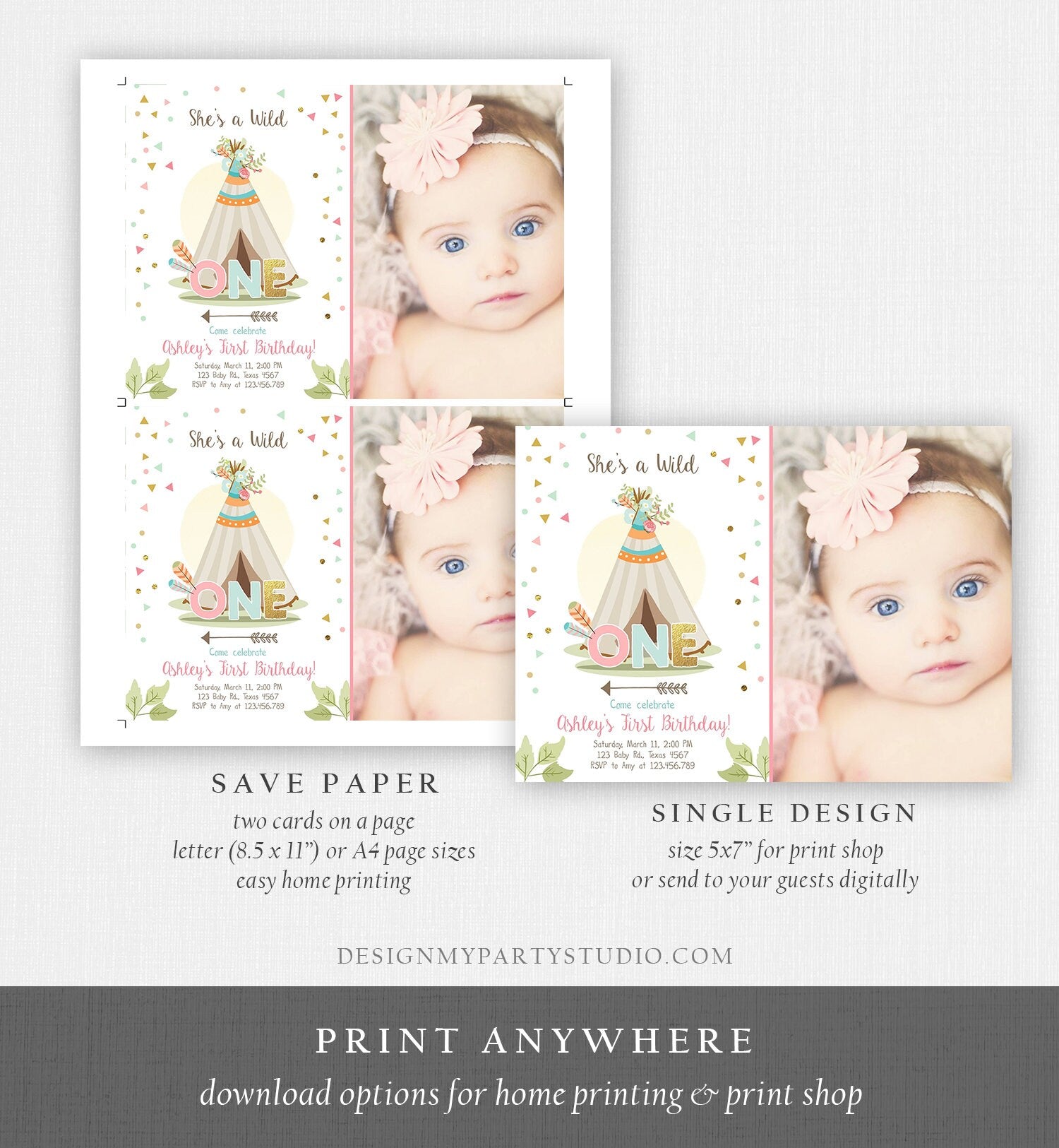 Editable Wild One Birthday Invitation Teepee Boho Tribal First Birthday Girl Pink Gold Teal Digital Download Printable Corjl Template 0092