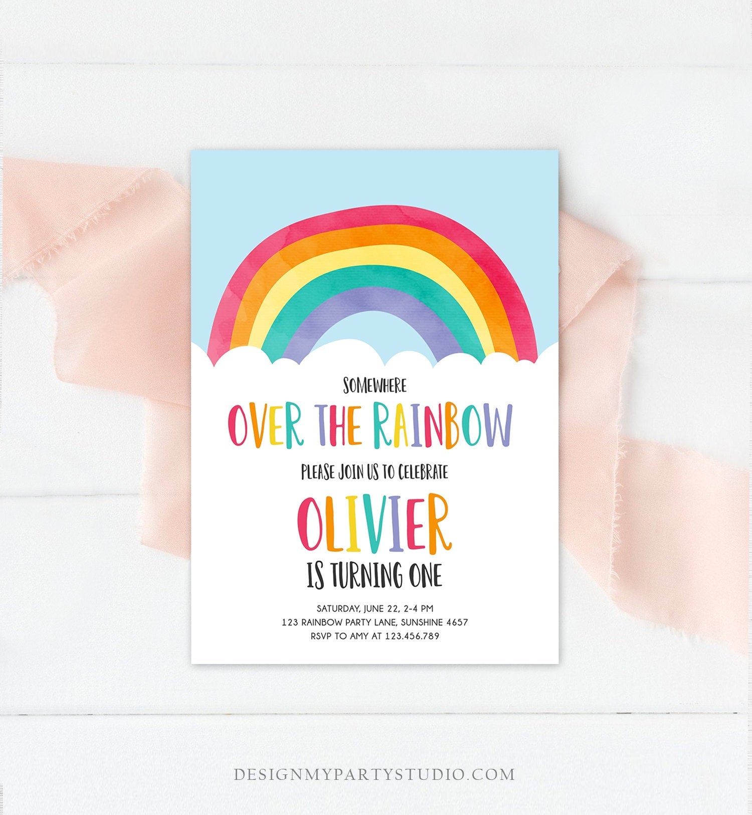 Editable Over the Rainbow Birthday Invitation Boy Girl Neutral Clouds Blue Rainbow Fun First Birthday Digital Corjl Template Printable 0272