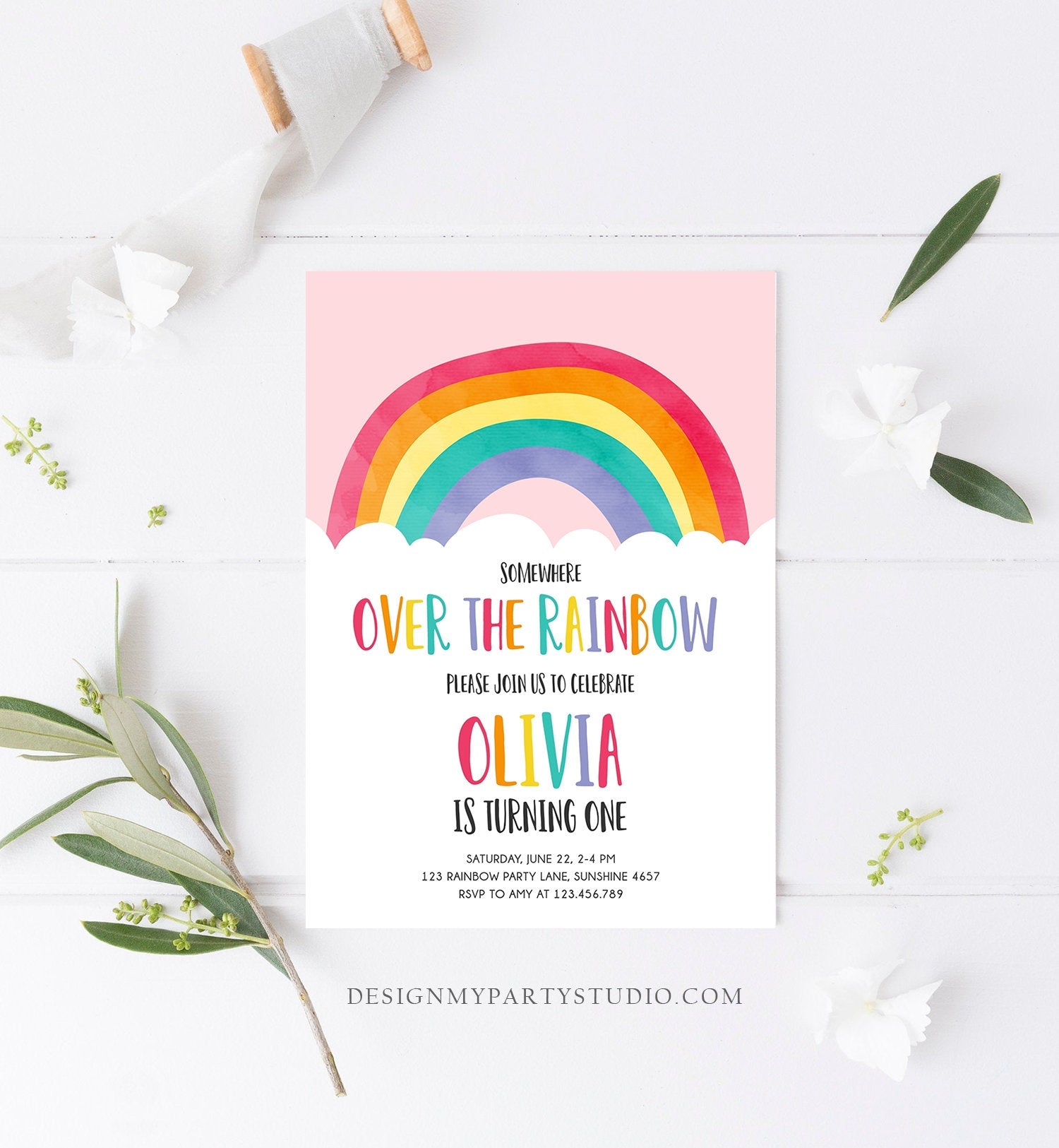 Editable Over the Rainbow Birthday Invitation Boy Girl Neutral Clouds Pink Rainbow Fun First Birthday Digital Corjl Template Printable 0272