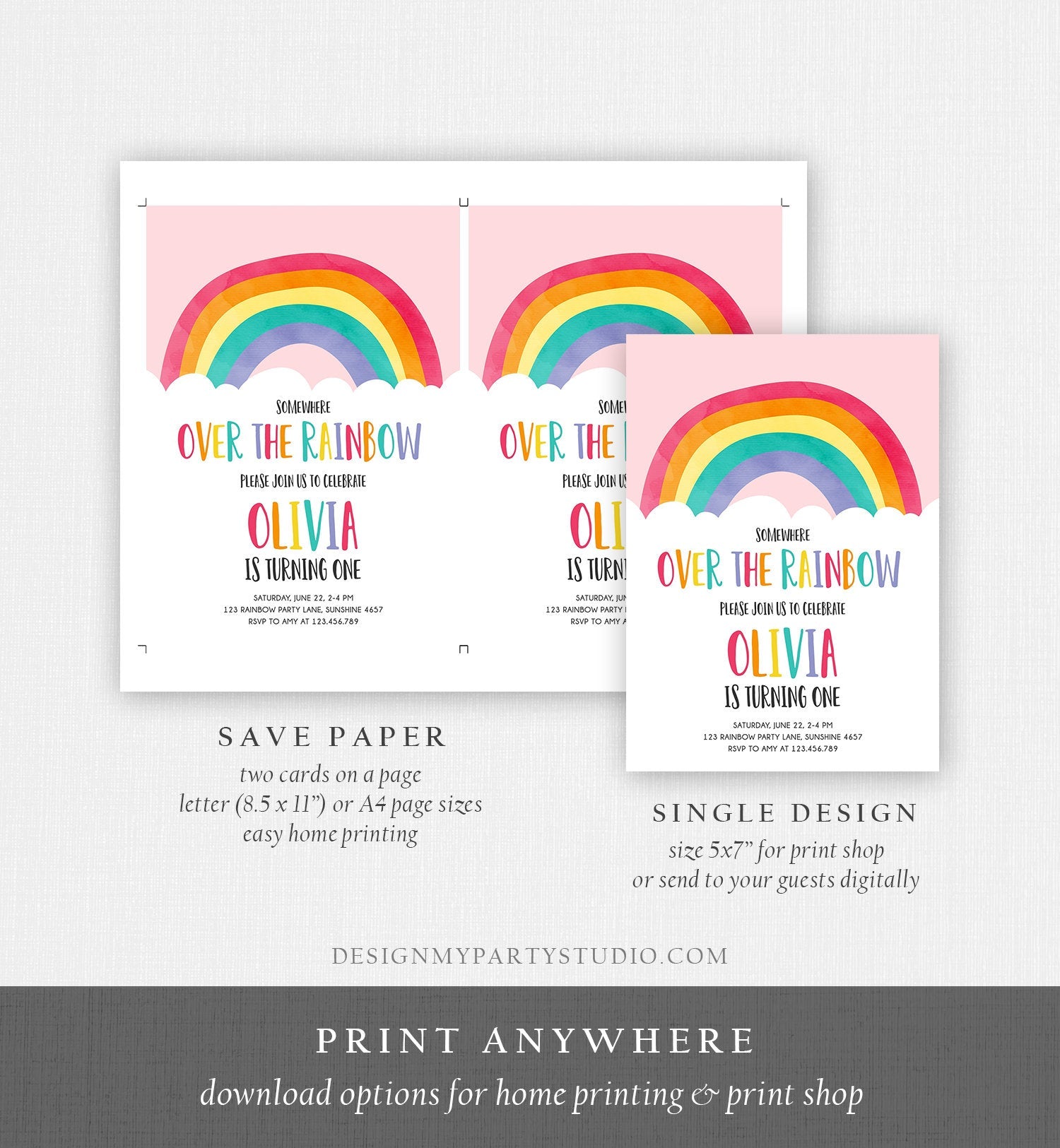 Editable Over the Rainbow Birthday Invitation Boy Girl Neutral Clouds Pink Rainbow Fun First Birthday Digital Corjl Template Printable 0272