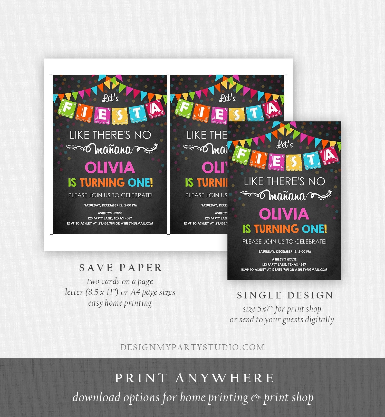 Editable Fiesta Birthday Invitation Let's Fiesta Like There is no Manana Cactus Mexican No Time to Siesta First Birthday Corjl Template 0045