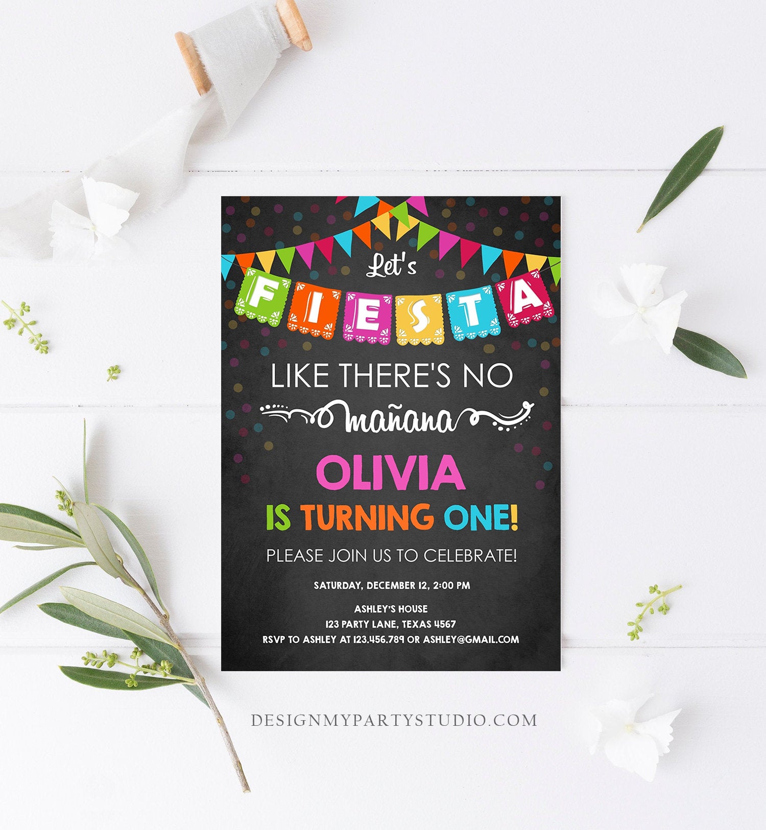 Editable Fiesta Birthday Invitation Let's Fiesta Like There is no Manana Cactus Mexican No Time to Siesta First Birthday Corjl Template 0045