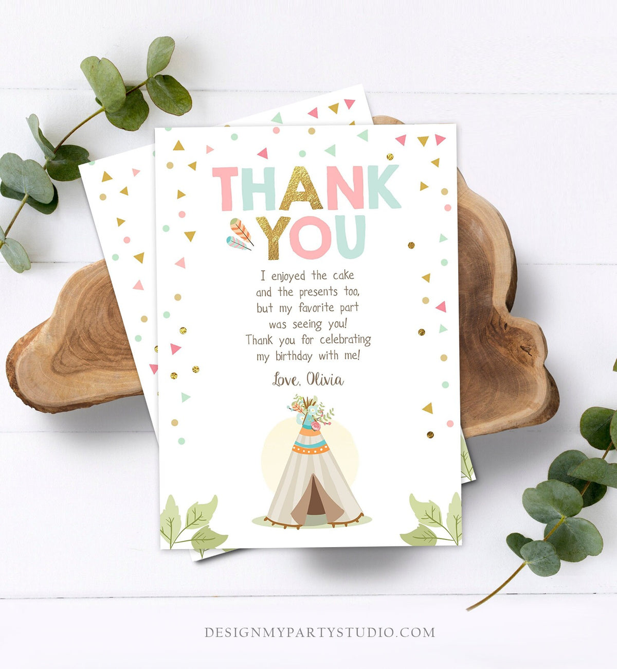 Editable Teepee Thank You Card Wild One Thank you Note Wild Three Birthday Tribal Feathers Pink Gold Girl Printable Template Corjl 0092