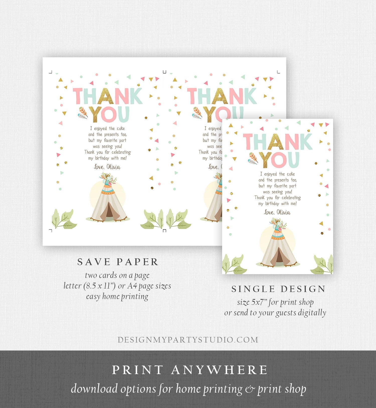 Editable Teepee Thank You Card Wild One Thank you Note Wild Three Birthday Tribal Feathers Pink Gold Girl Printable Template Corjl 0092