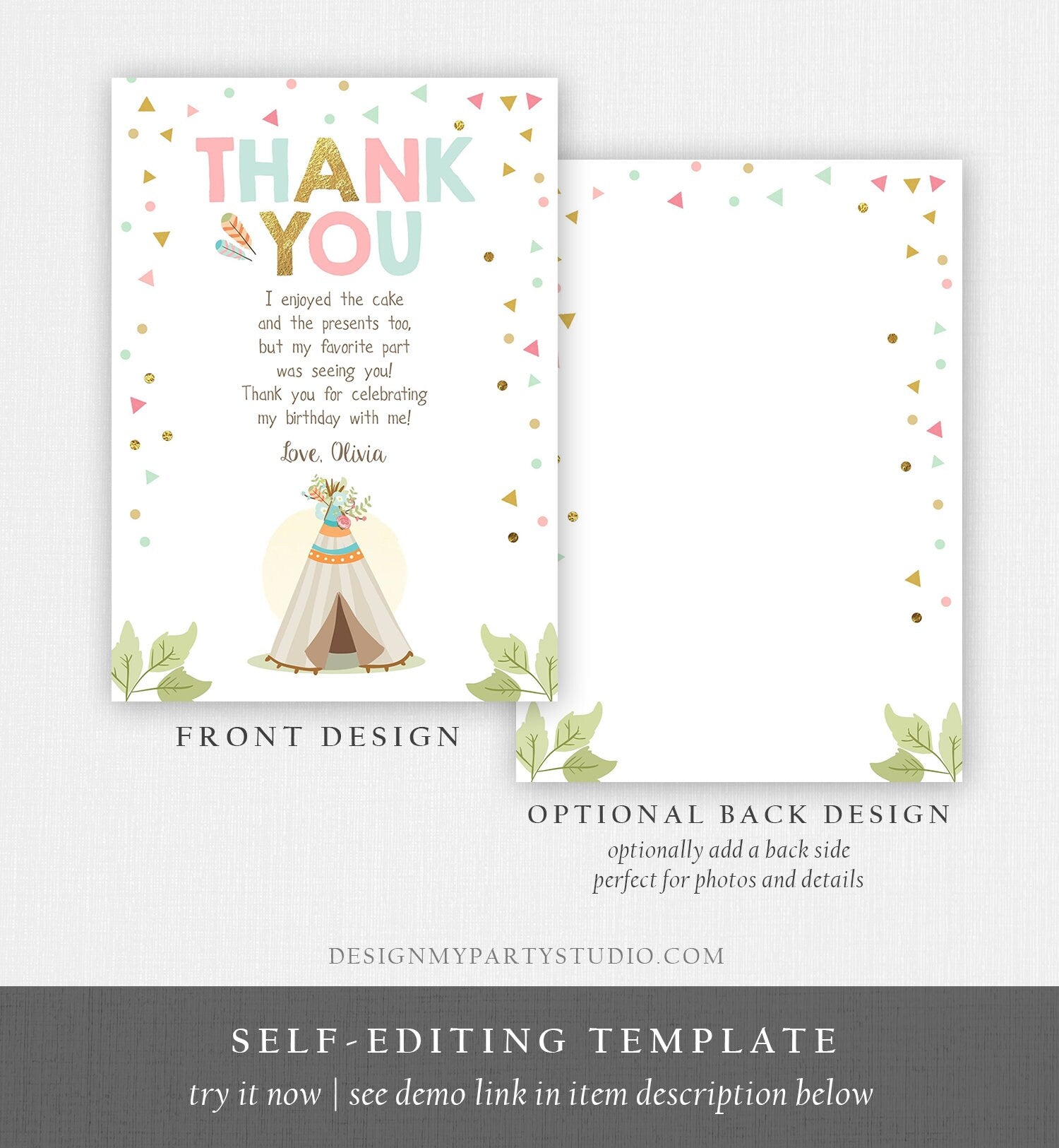 Editable Teepee Thank You Card Wild One Thank you Note Wild Three Birthday Tribal Feathers Pink Gold Girl Printable Template Corjl 0092