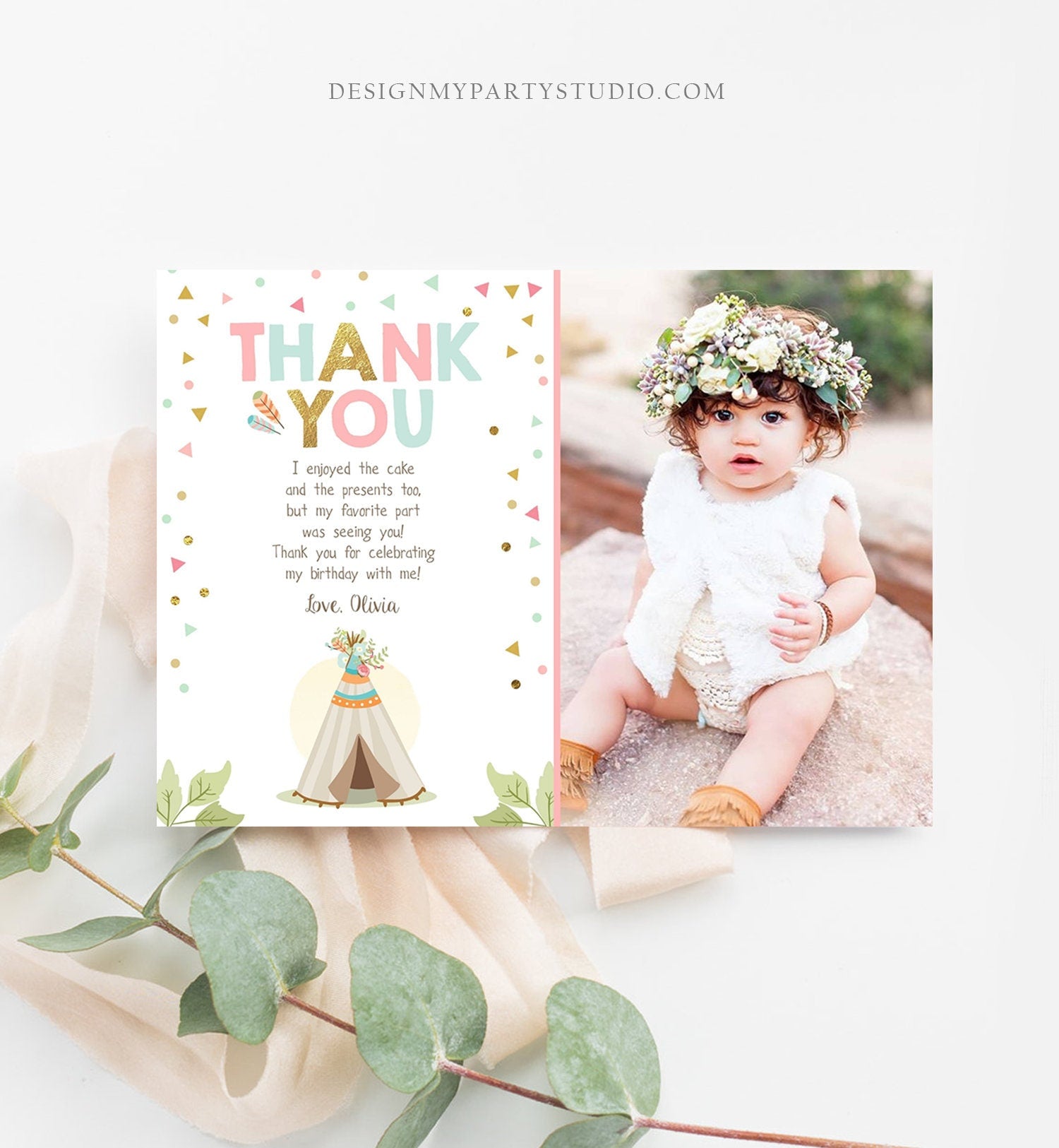 Editable Teepee Thank You Card Wild One Thank you Note Wild Three Birthday Tribal Feathers Pink Gold Girl Printable Template Corjl 0092