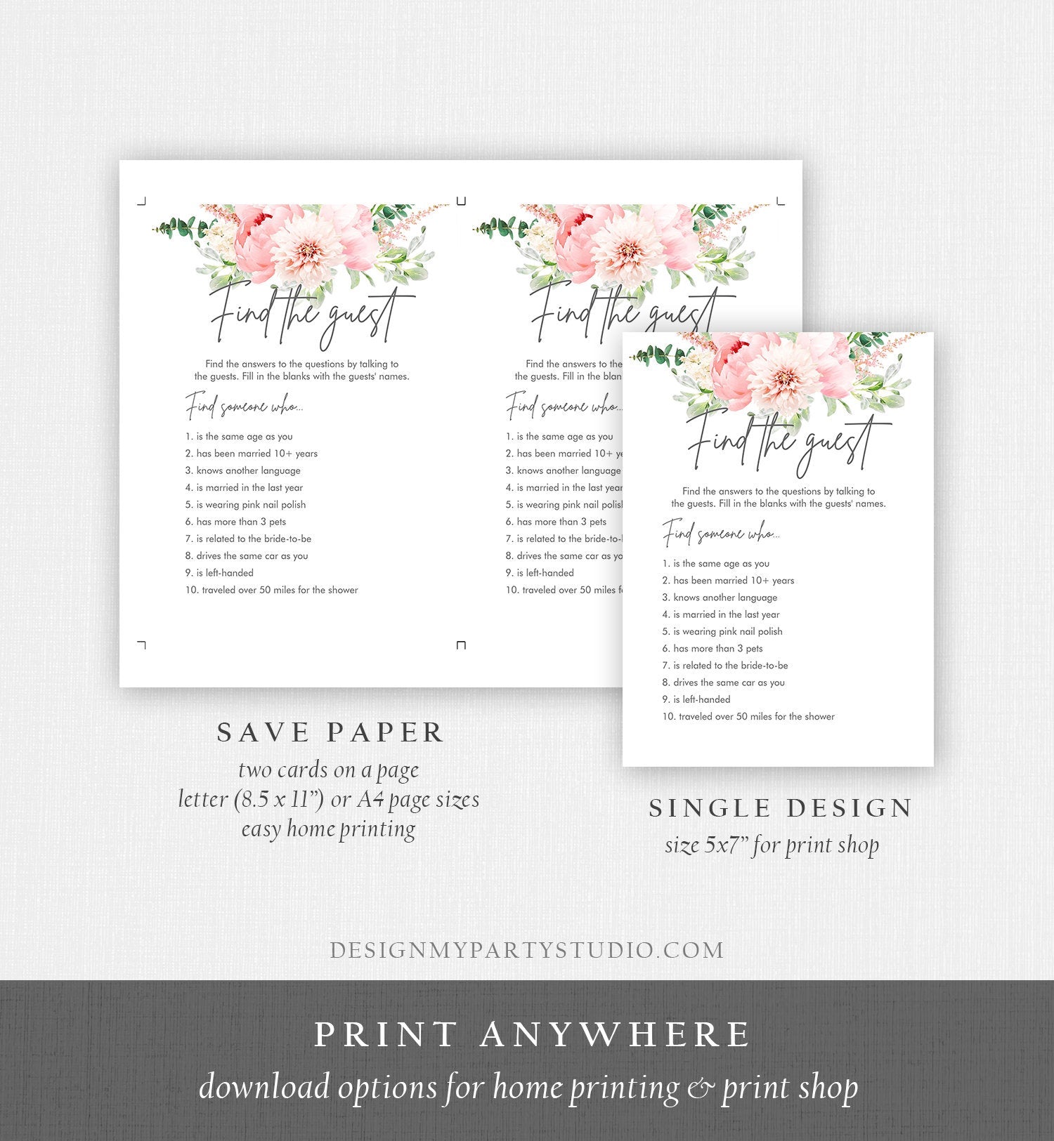 Editable Find The Guest Bridal Shower Game Botanical Flowers Floral Game Pink Peony Greenery Digital Download Corjl Template Printable 0167