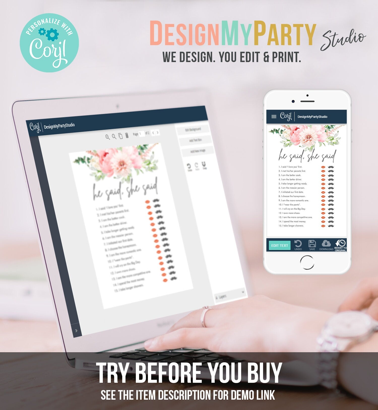 Editable He Said She Said Bridal Shower Game Botanical Flowers Floral Pink Peony Greenery Digital Download Corjl Template Printable 0167