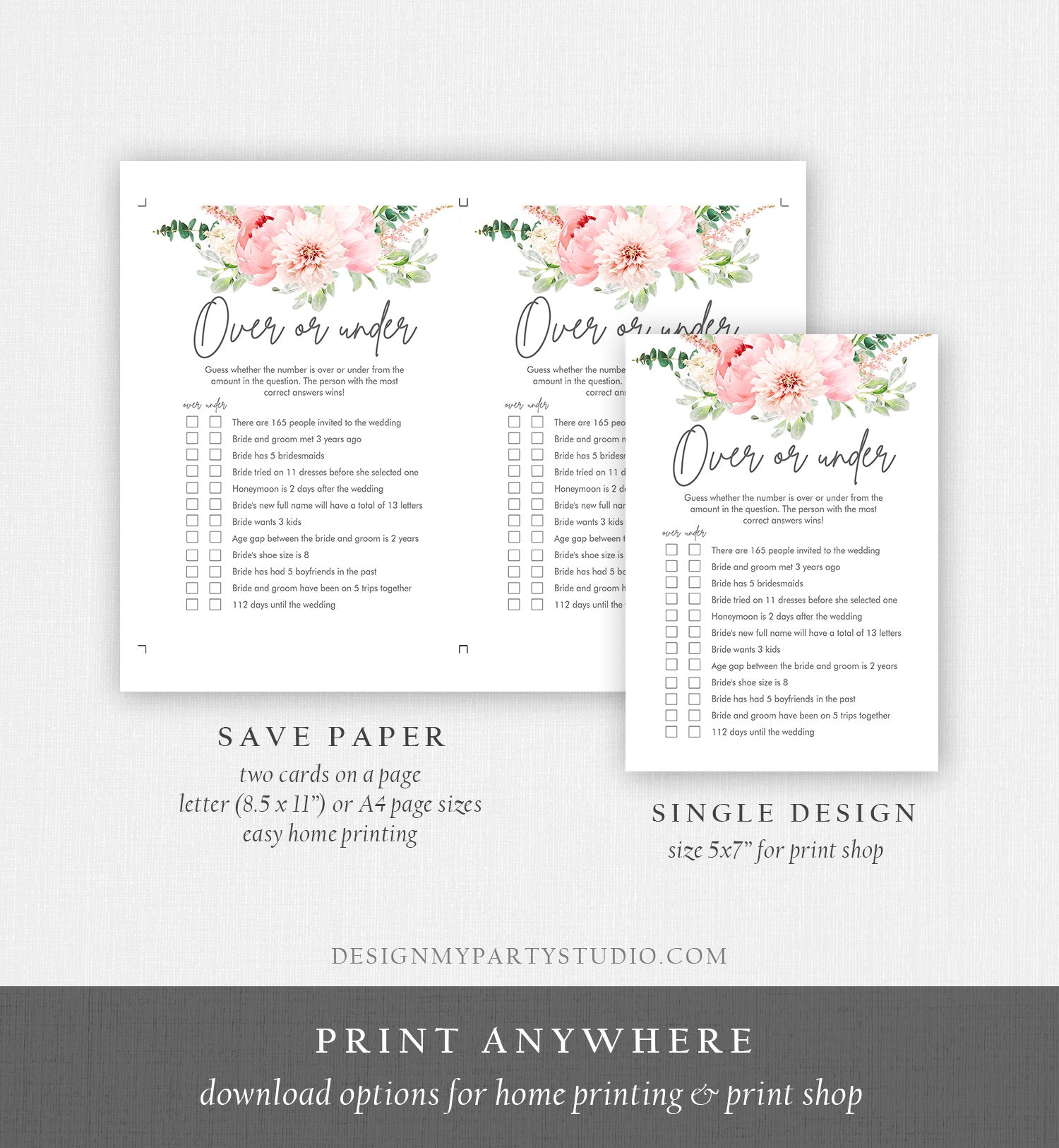 Editable Over or Under Bridal Shower Game Botanical Flowers Floral Game Pink Peony Greenery Digital Download Corjl Template Printable 0167