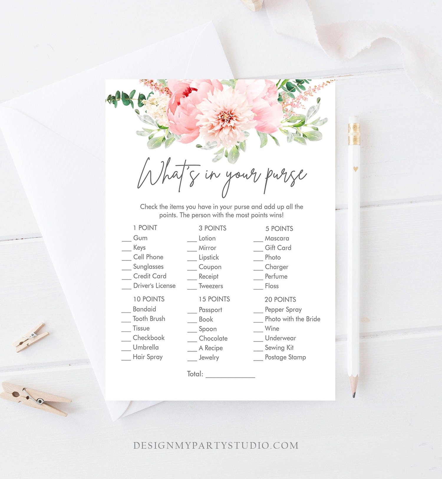 Editable What's in Your Purse Bridal Shower Game Botanical Flowers Floral Pink Peony Greenery Whats Download Corjl Template Printable 0167