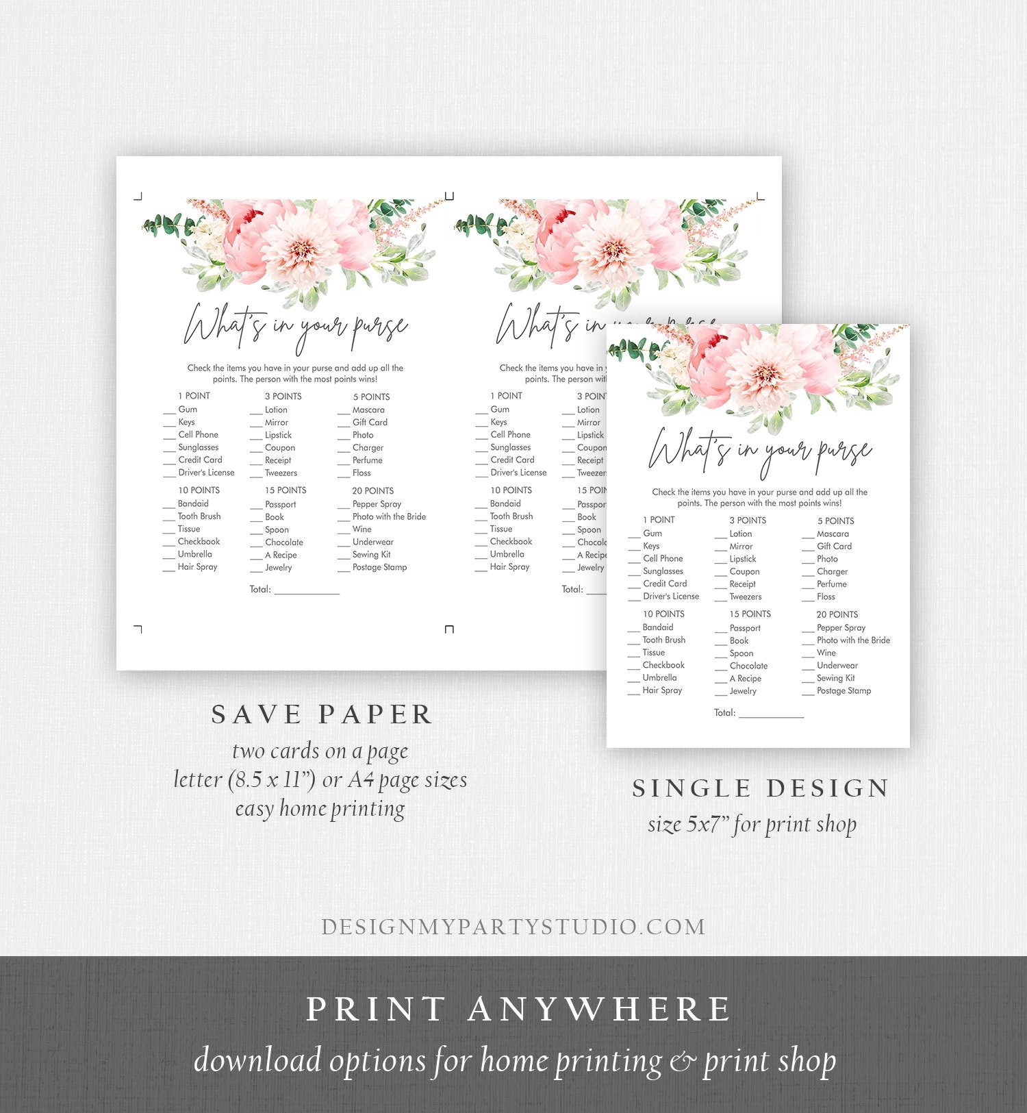 Editable What's in Your Purse Bridal Shower Game Botanical Flowers Floral Pink Peony Greenery Whats Download Corjl Template Printable 0167