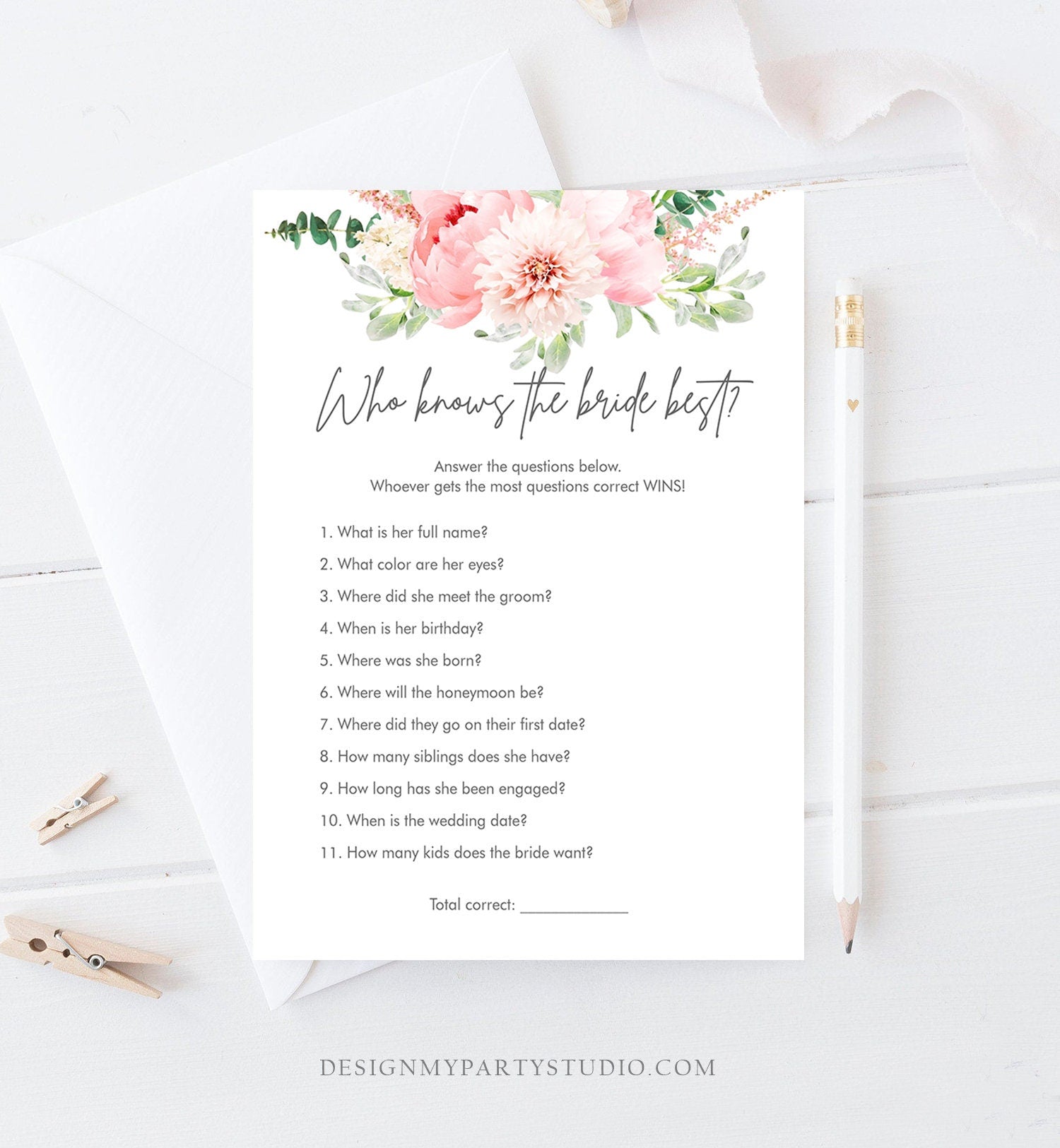 Editable Who Know the Bride Best Bridal Shower Game Botanical Flowers Floral Game Pink Peony Greenery Download Corjl Template Printable 0167