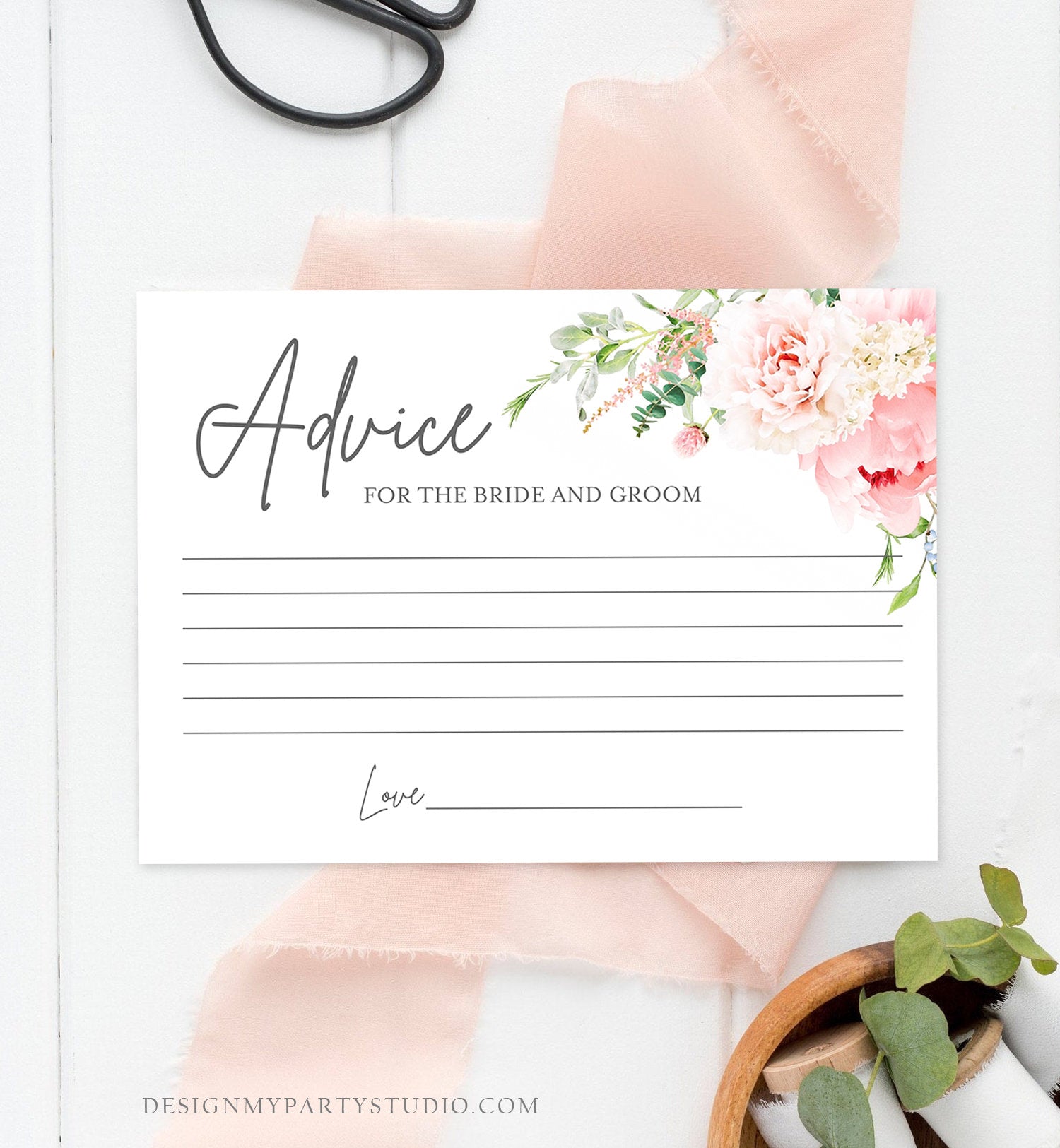 Editable Advice for the Bride-to-Be Card Bridal Shower Words of Wisdom Advice for Bride Game Botanical Flowers Pink Corjl Template 0044