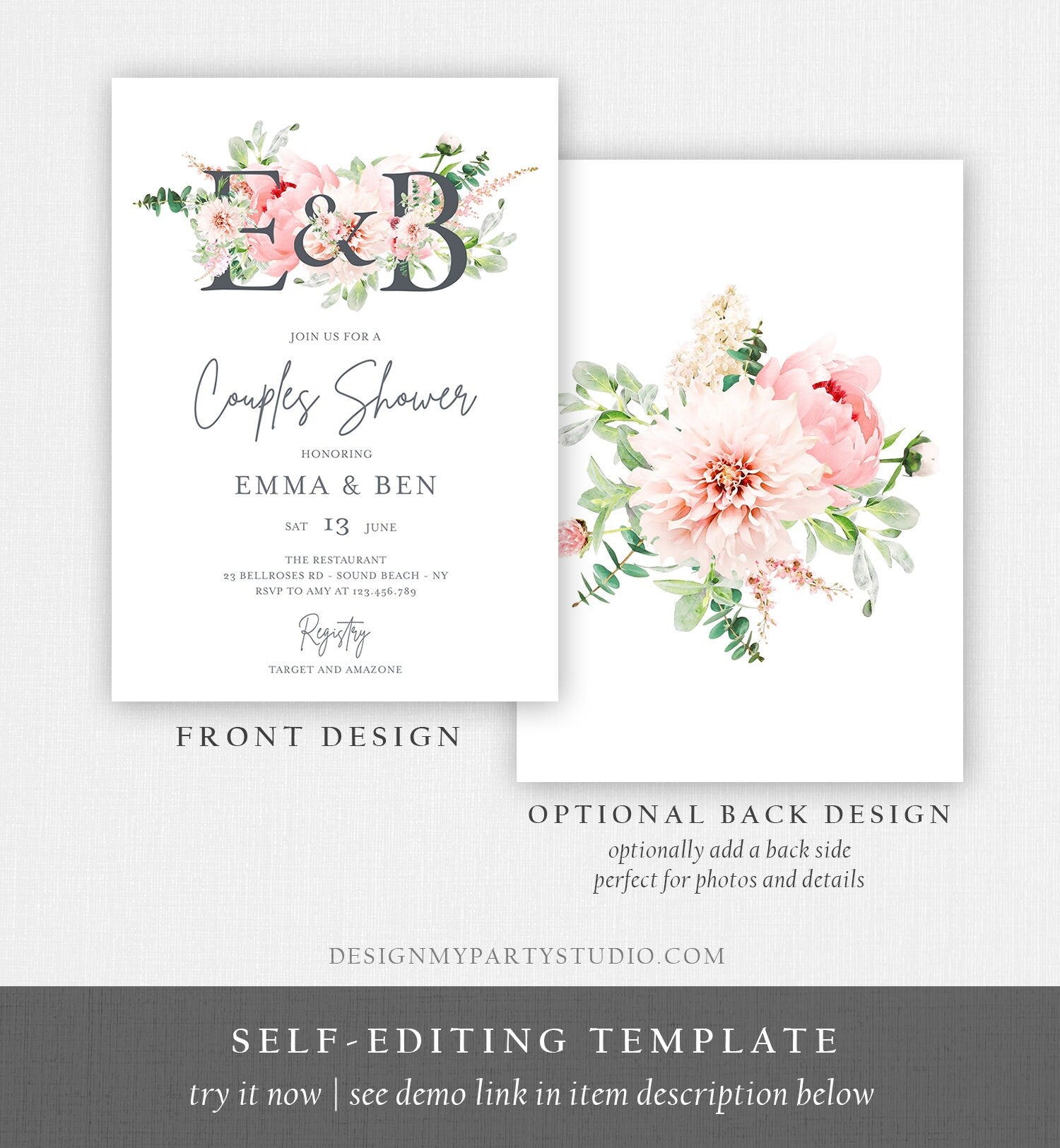 Editable Monogram Botanical Flowers Bridal Shower Invitation Floral Greenery Couples Pastel Pink Peony Corjl Template Printable  0167