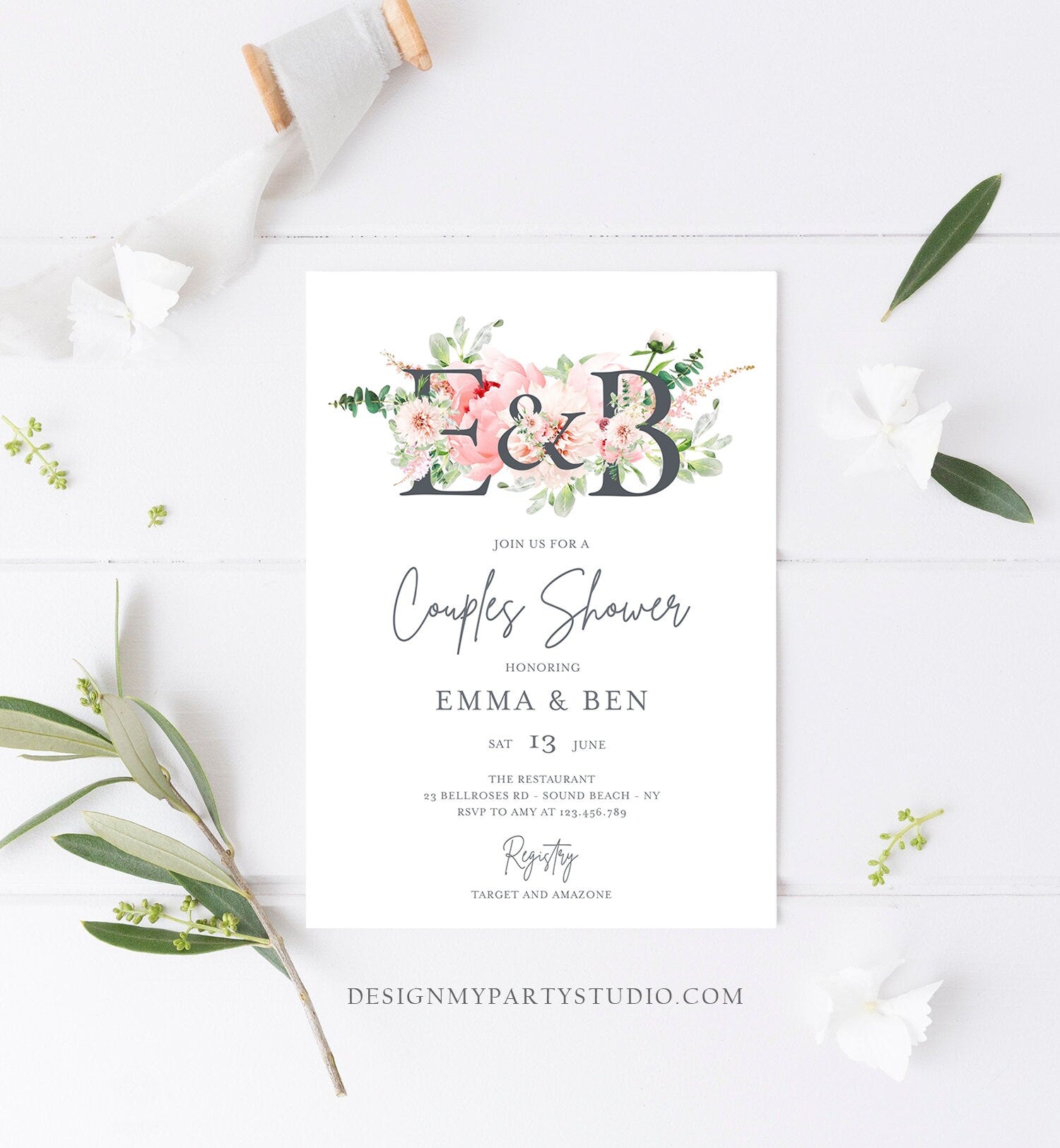 Editable Monogram Botanical Flowers Bridal Shower Invitation Floral Greenery Couples Pastel Pink Peony Corjl Template Printable  0167