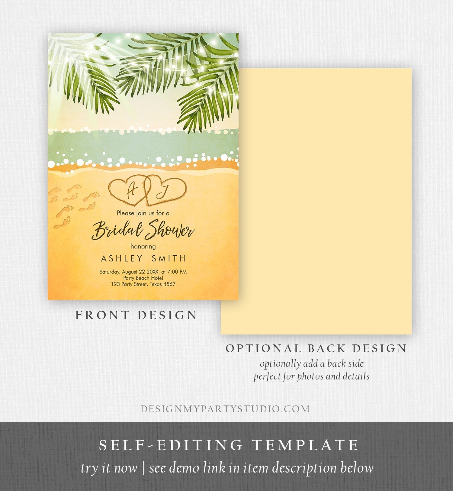 Editable Beach Bridal Shower Invitation Couples Shower Invite Wedding Shower Tropical Seashore Download Printable Template Corjl 0128