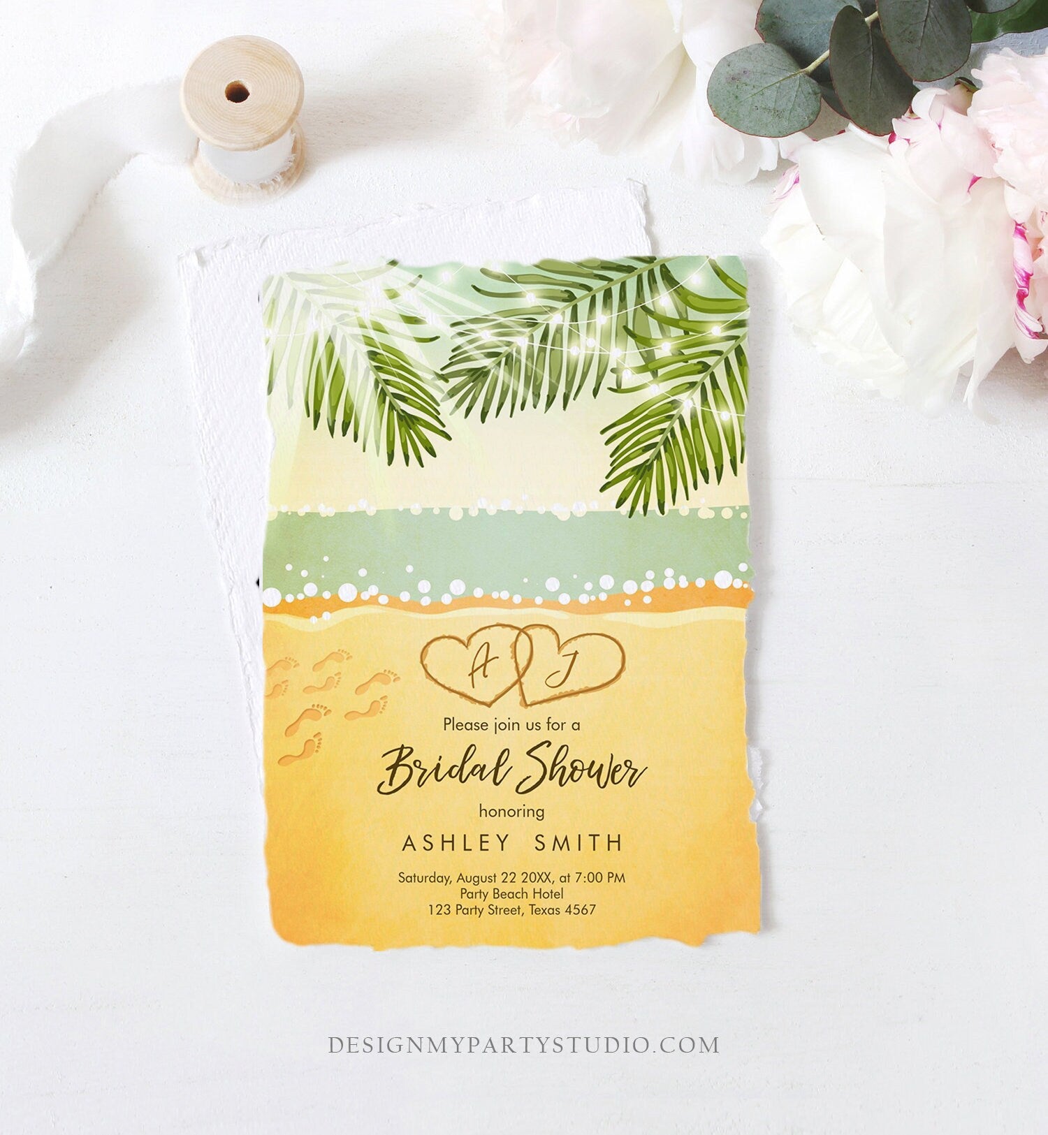 Editable Beach Bridal Shower Invitation Couples Shower Invite Wedding Shower Tropical Seashore Download Printable Template Corjl 0128