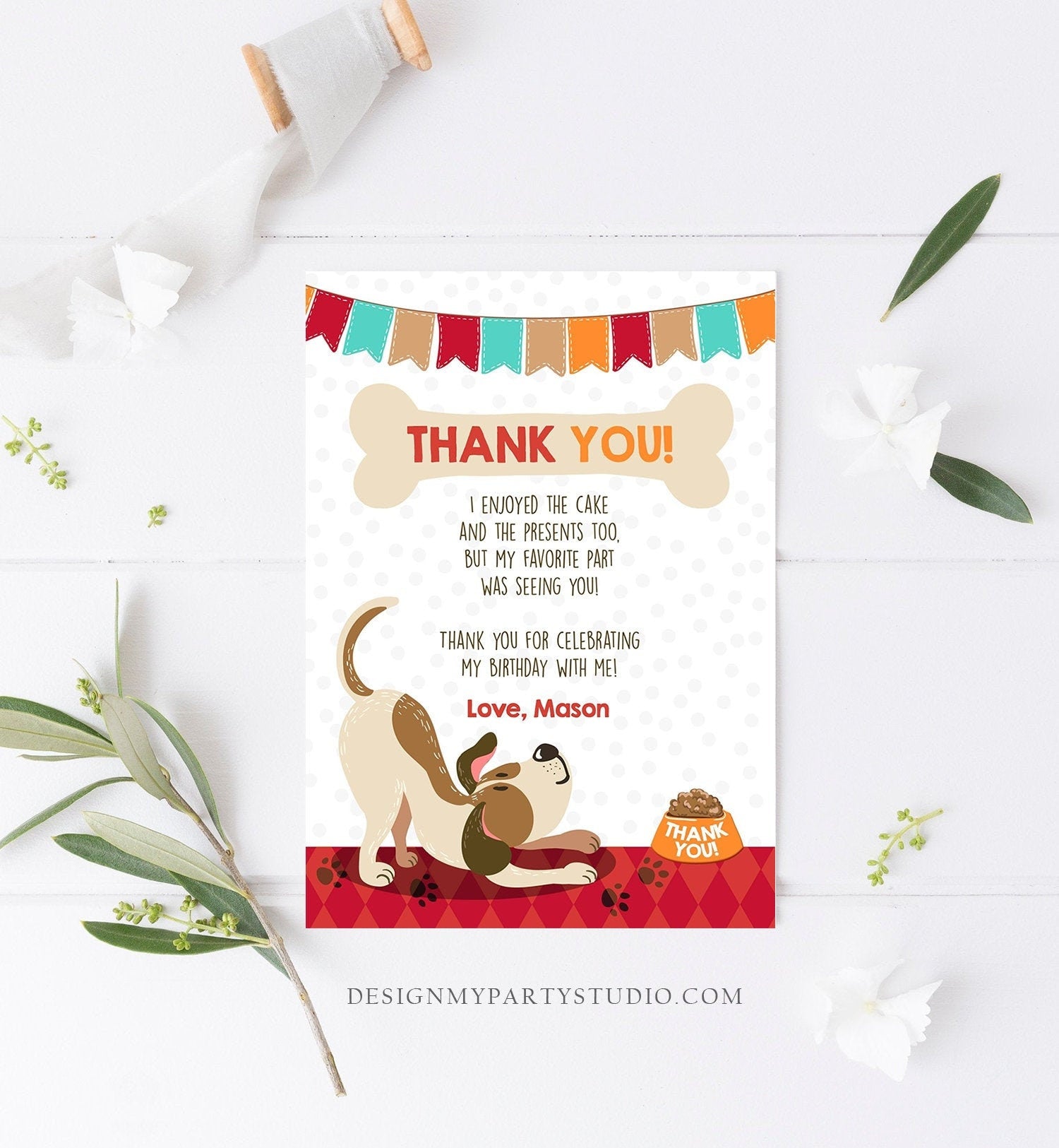 Editable Puppy Thank You Card Pawty Birthday Thank you Note Dog Themed First Birthday Boy Red Download Printable Template Corj 0048