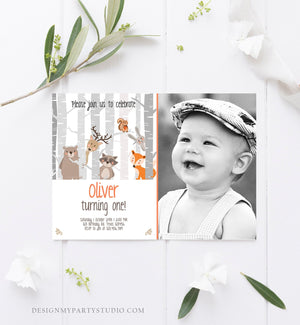 Editable Birthday Invitation Woodland First Birthday Forest Animals Bear Fox Birch Trees Simple Boy Download Printable Template Corjl 0010