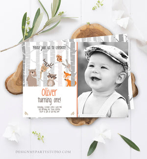 Editable Birthday Invitation Woodland First Birthday Forest Animals Bear Fox Birch Trees Simple Boy Download Printable Template Corjl 0010